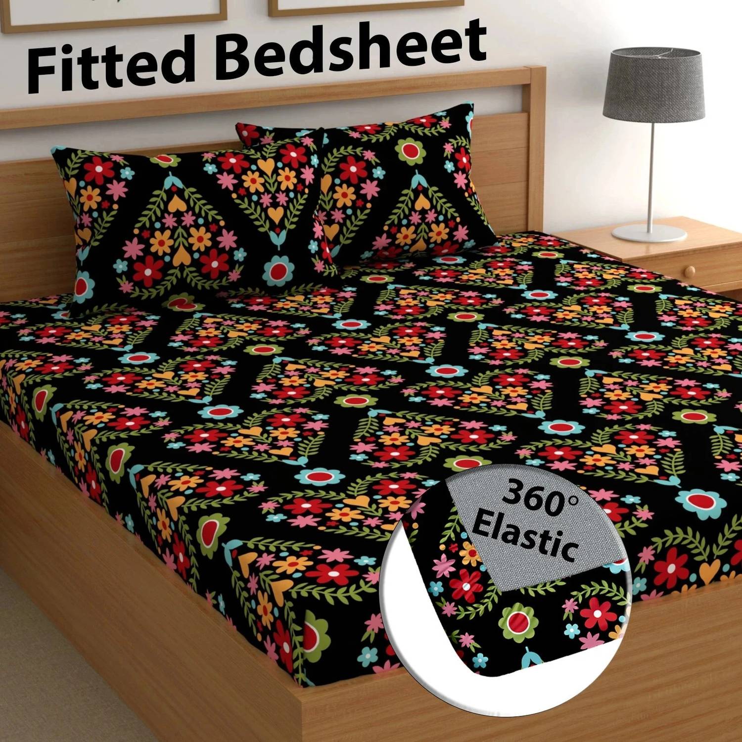 CG Homes Cotton Double Fitted (Elastic) 180 TC Floral 1 Bedsheet with 2 Pillow Covers