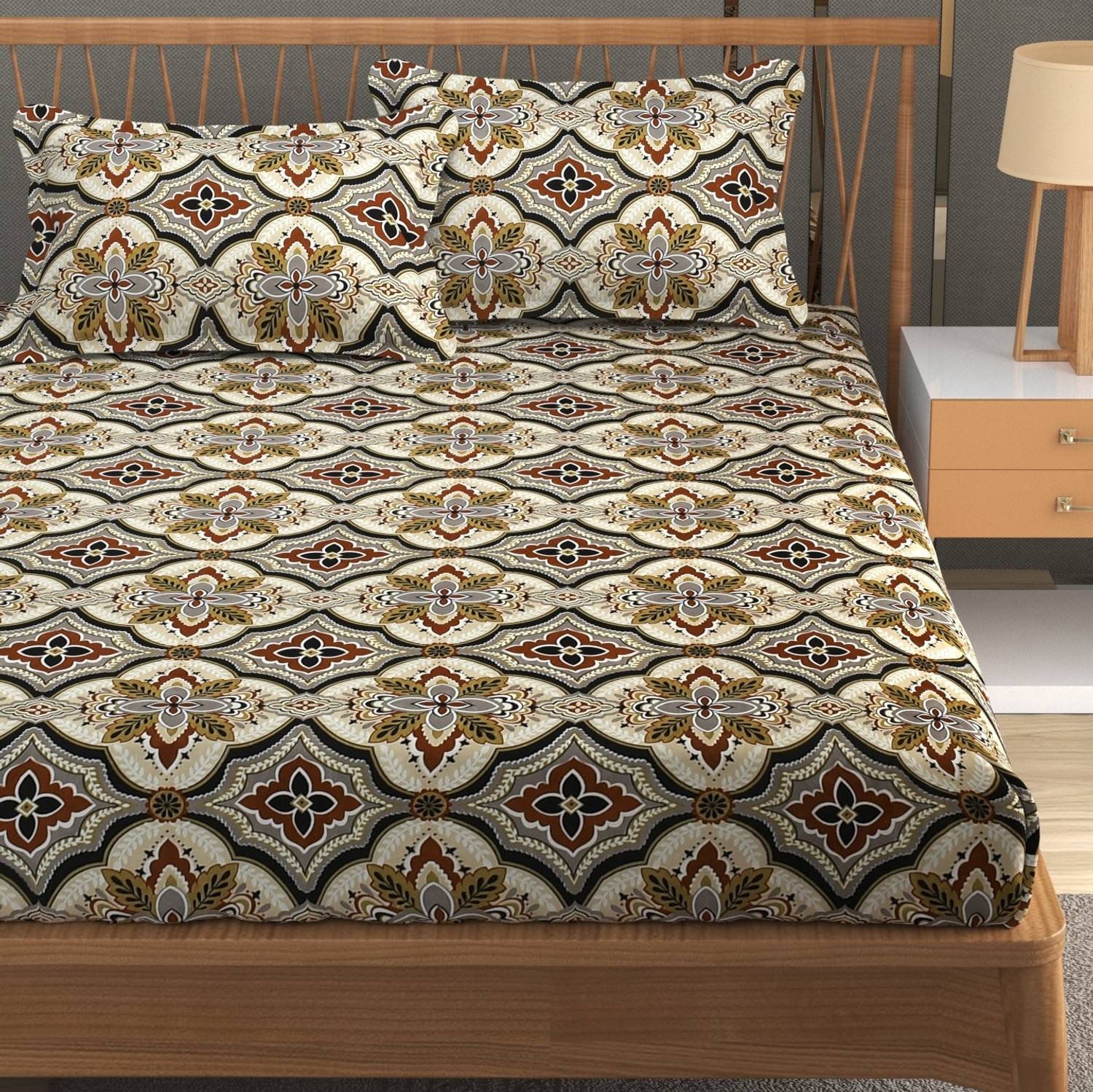 Furnofy Polycotton Double Flat 120 TC Printed 1 Bedsheet with 2 P