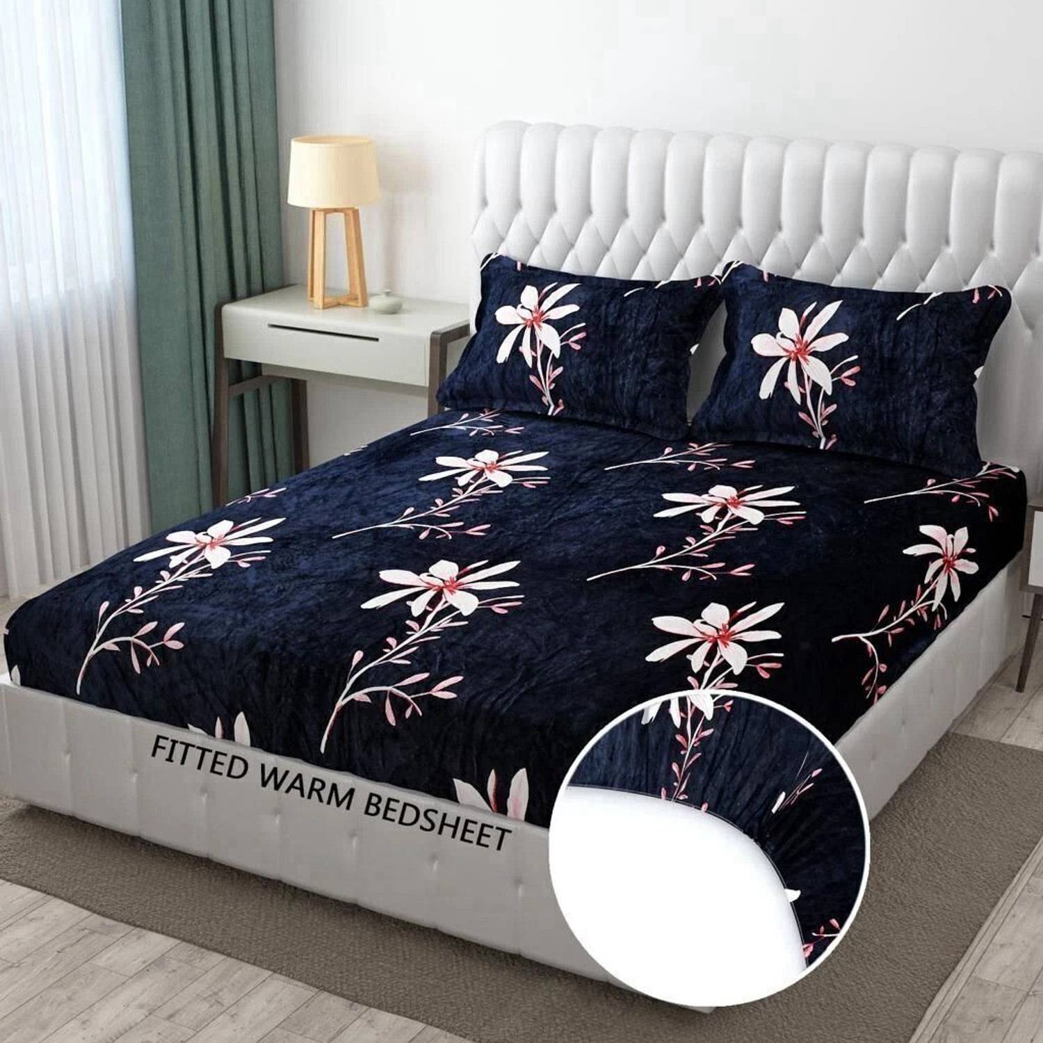 BM Decor Woolen, Velvet Double Fitted (Elastic) 254 TC Printed 1 Bedsheet with 2 Pillow Covers