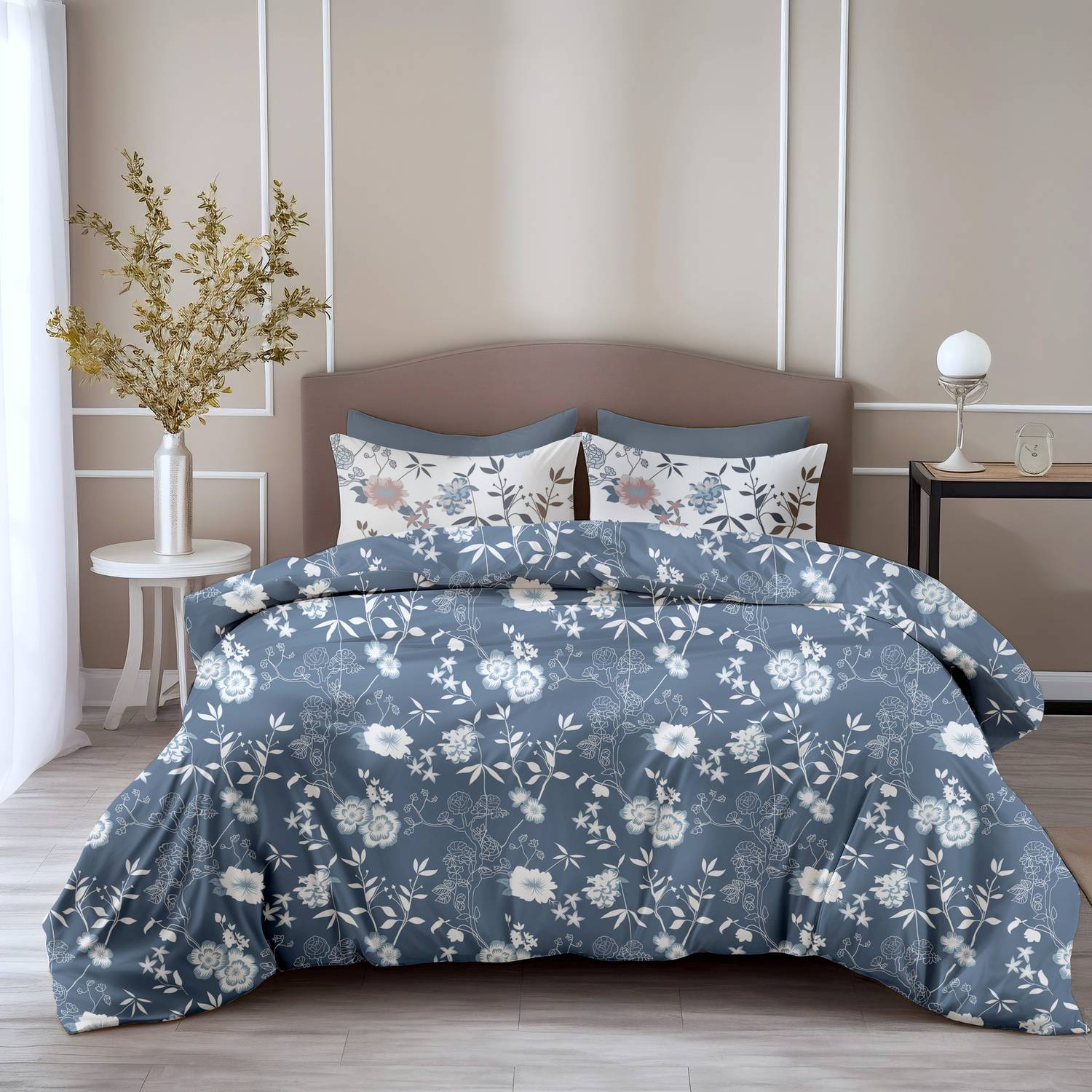 LORETO Cotton Double Flat 144 TC Floral 1 Bedsheet with 2 Pillow