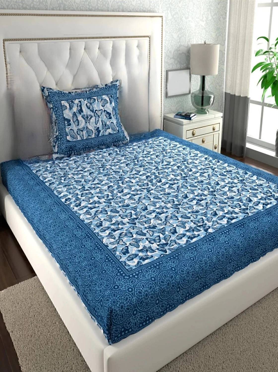 BharatLinen Cotton Single Flat 144 TC Jaipuri Prints 1 Summer Bedsheet with 2 Pillow Covers