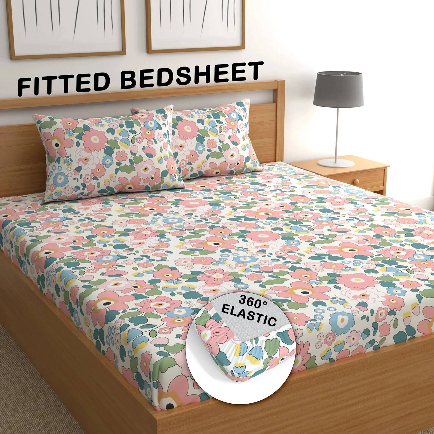 CG Homes Cotton Double Fitted (Elastic) 180 TC Printed 1 Bedsheet