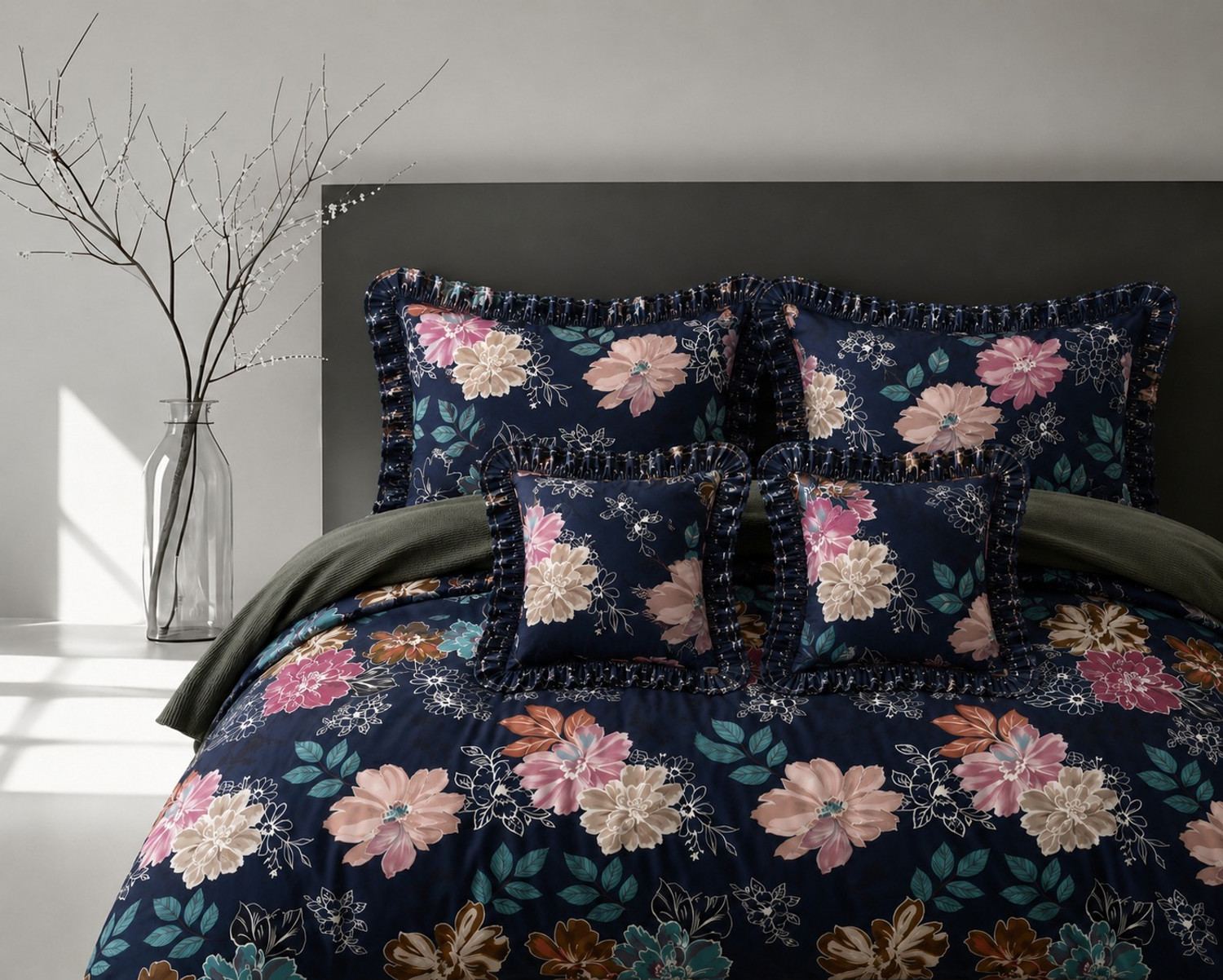 Image of CLOVIS KRAFTS Cotton King Flat 300 TC Printed 1 Bedsheet with 2 Pillow Covers, 2 Cushion Covers