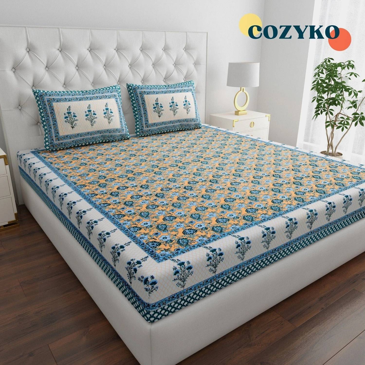 COZYKO Cotton King Flat 200 TC Jaipuri Prints 1 Bedsheet with 2 Pillow Covers