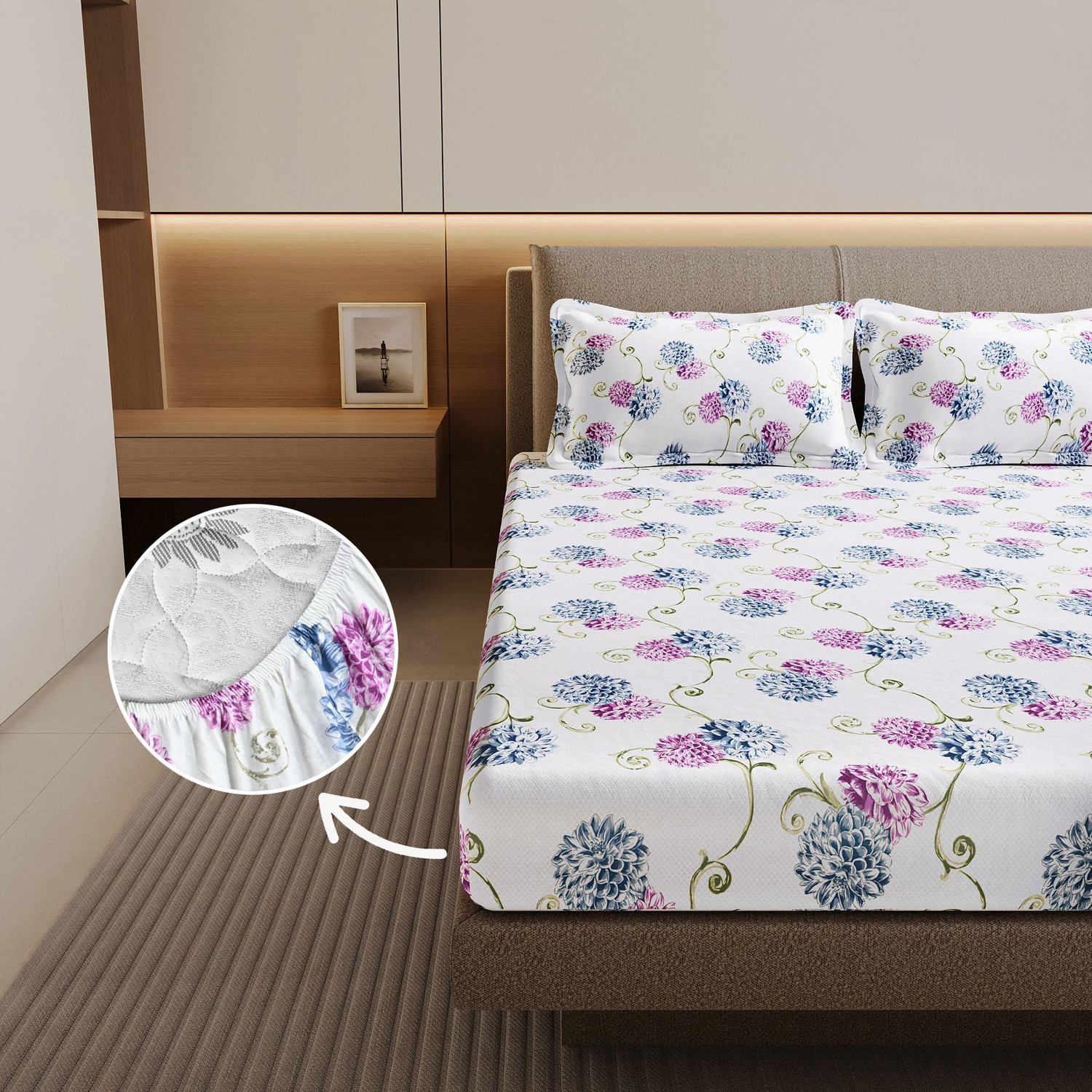 Image of Divine Casa Cotton Double Fitted (Elastic) 144 TC Floral 1 AC Bedsheet with 2 Pillow Covers