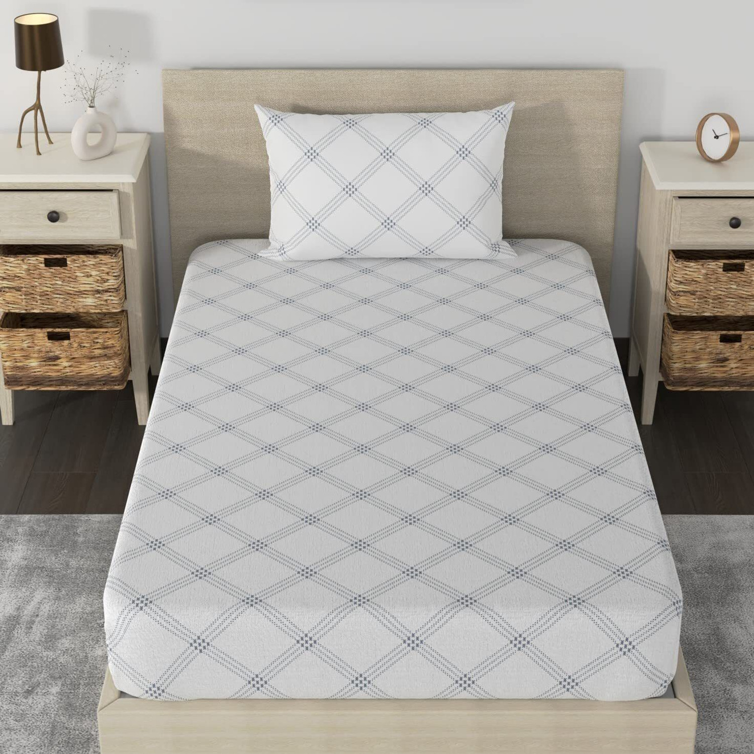 Image of Huesland Cotton Single Fitted (Elastic) 210 TC Geometric 1 Bedsheet with 2 Pillow Covers