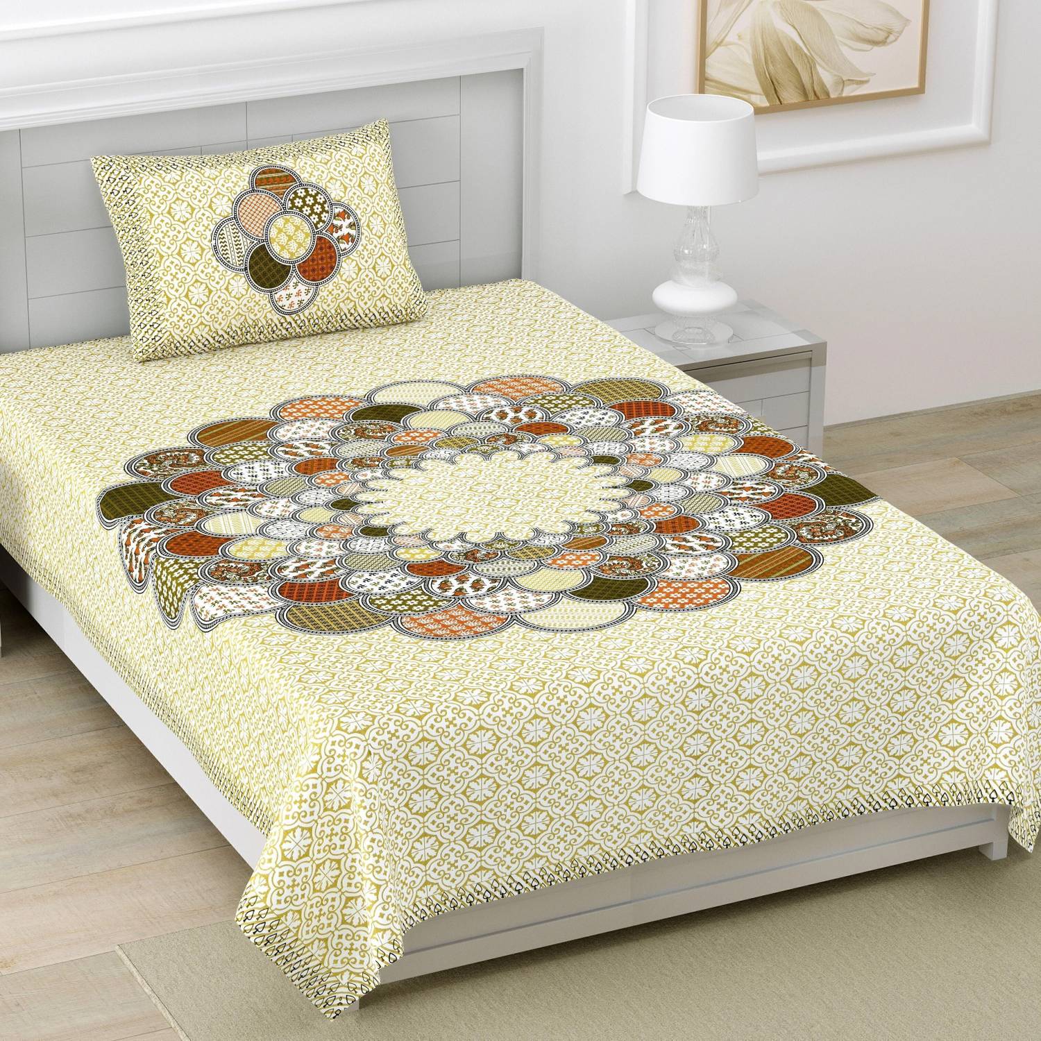 BharatLinen Cotton Single Flat 144 TC Jaipuri Prints 1 Summer Bedsheet