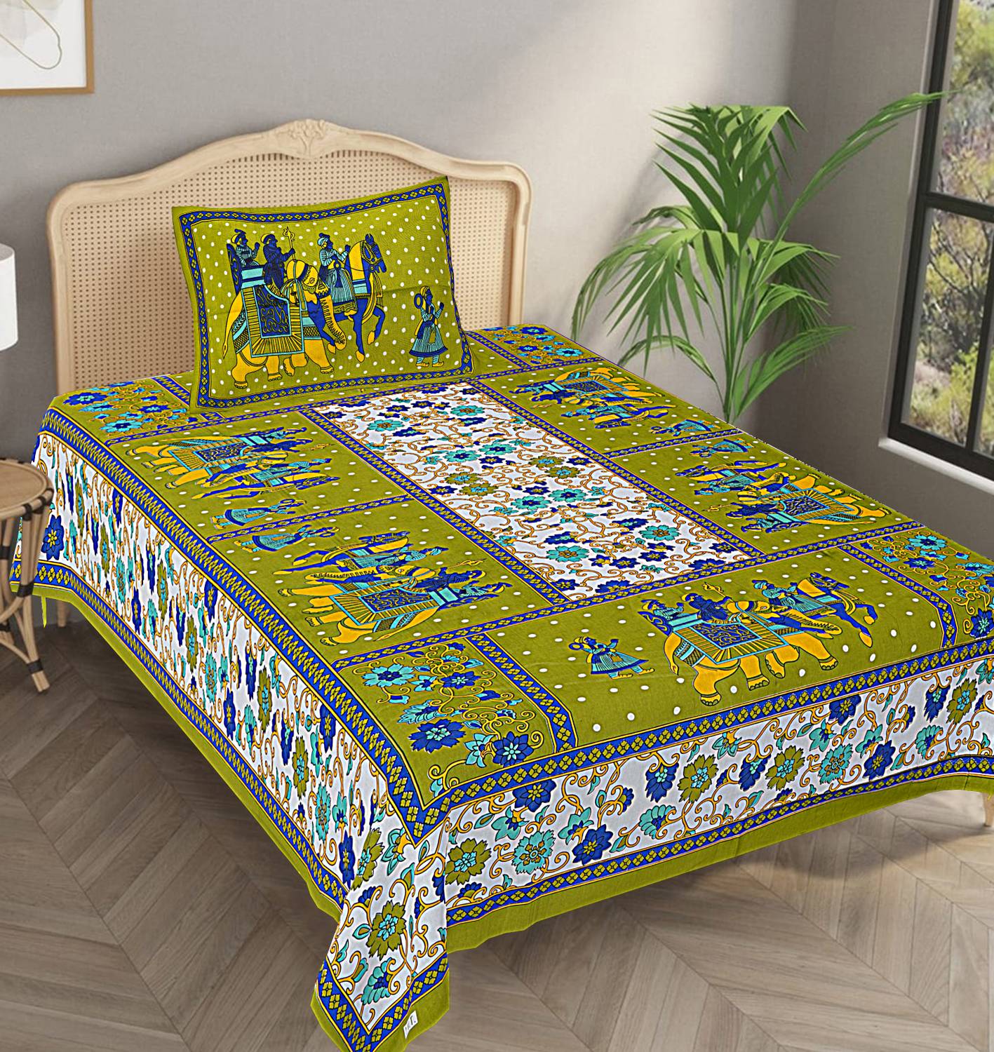 BedZone Cotton Single Flat 151 TC Jaipuri Prints 1 Bedsheet with 2 Pillow Covers