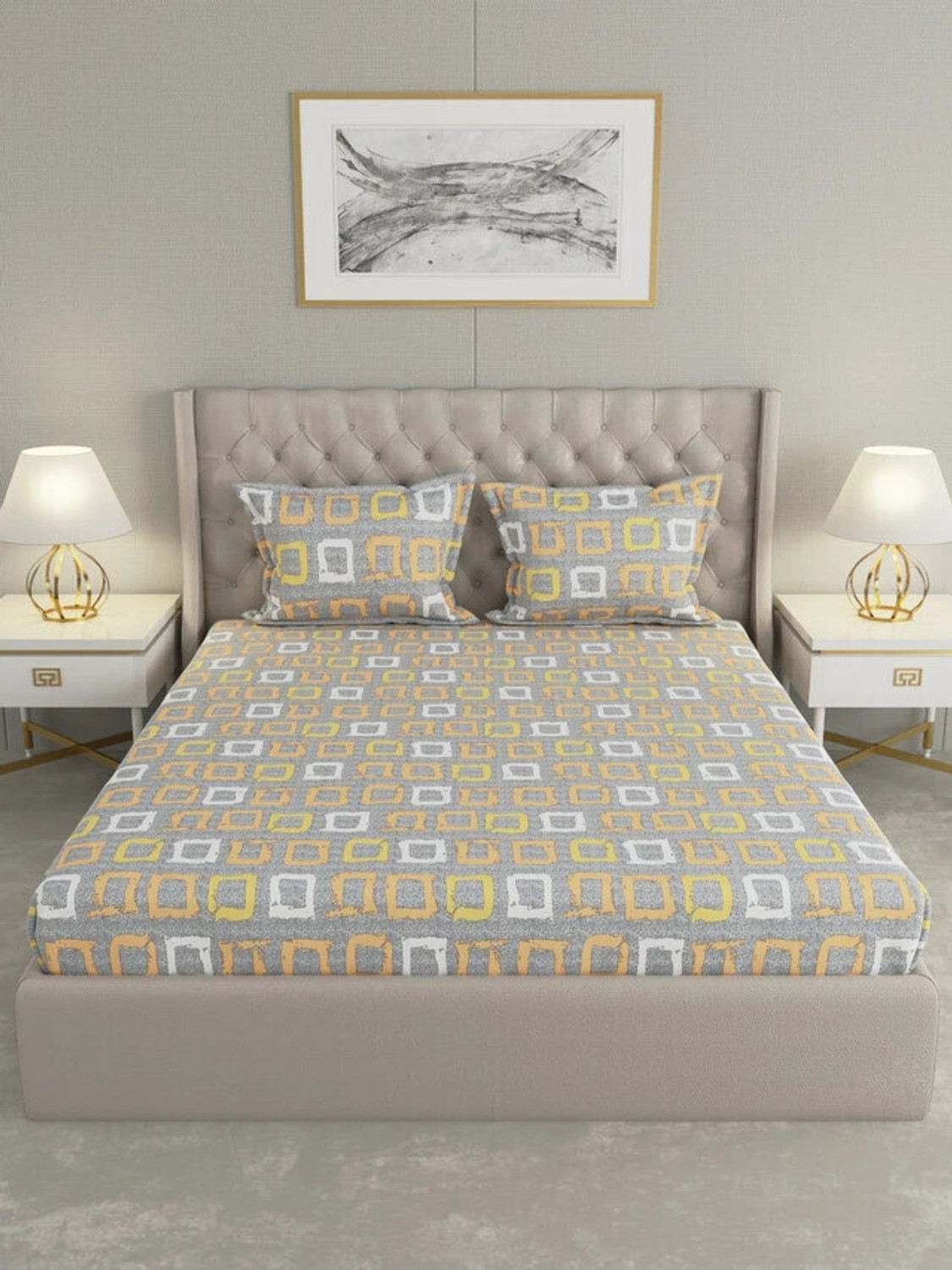 Image of Raymond Home Microfiber Double Flat 110 TC Geometric 1 Bedsheet with 2 Pillow Covers