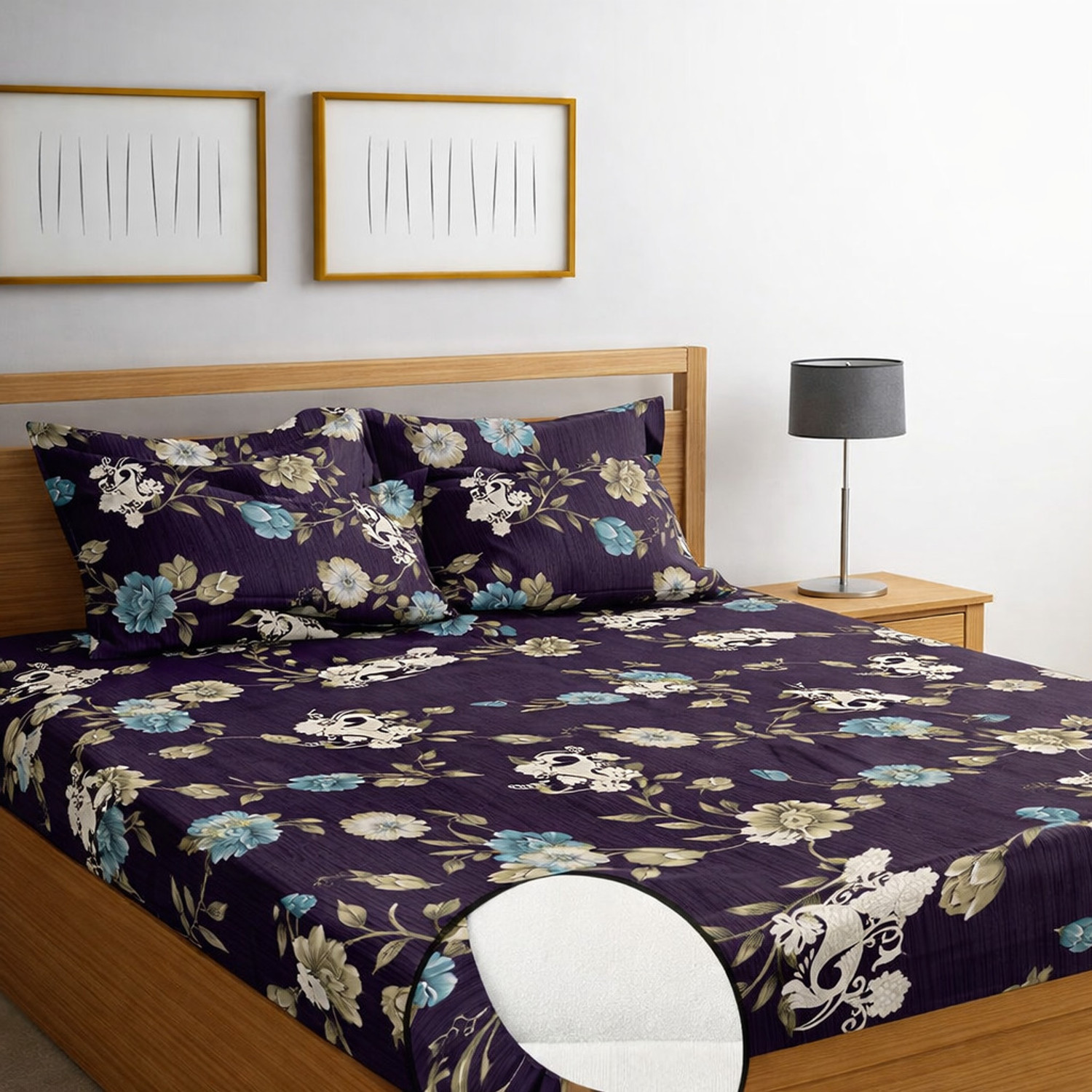 Image of KURRY HOME FURNISHING Microfiber King Fitted (Elastic) 250 TC Abstract 1 Bedsheet with 2 Pillow Covers, 2 Cushion Covers