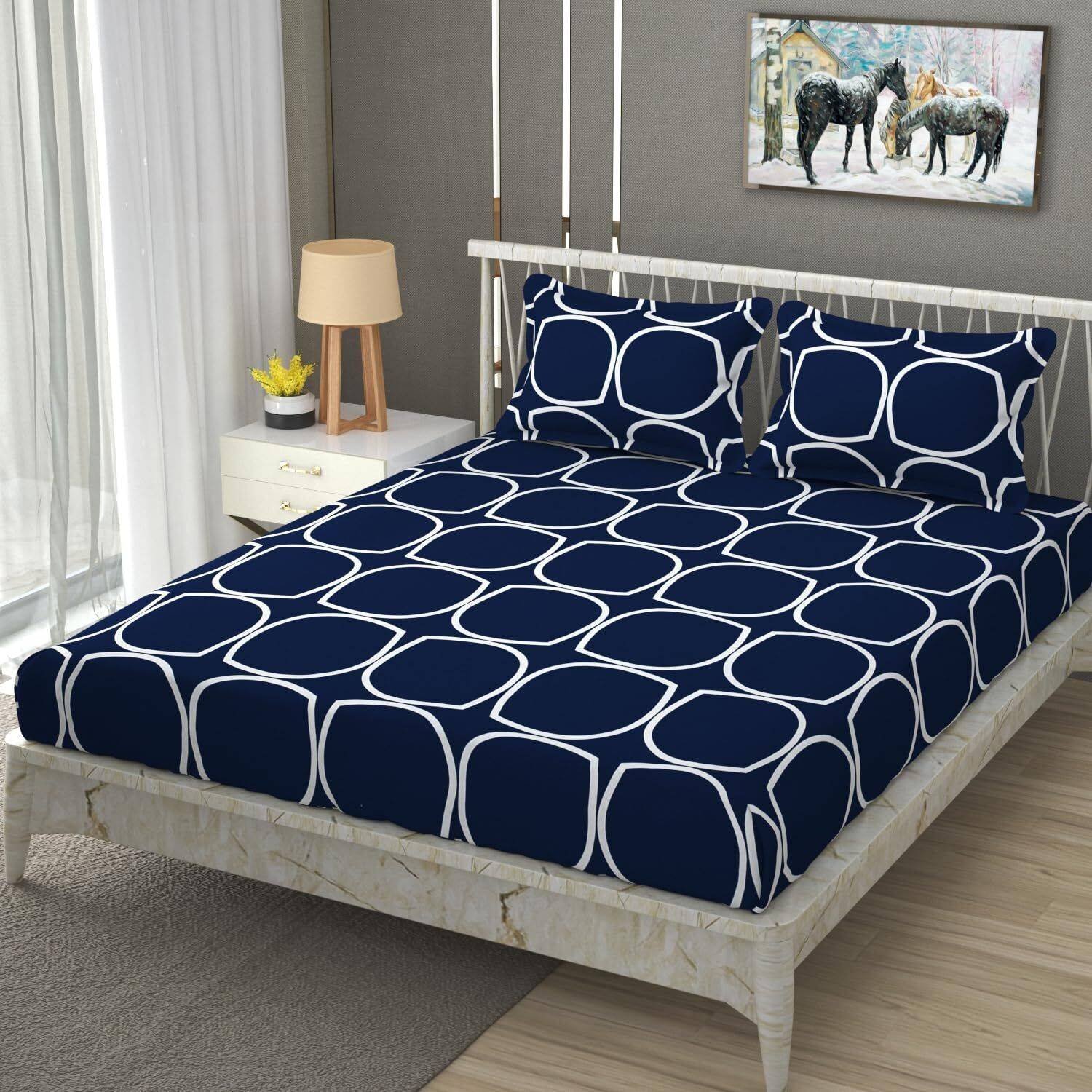 ADH CREATIVE STORE Cotton Queen Fitted (Elastic) 244 TC Geometric 1 Bedsheet with 2 Pillow Covers