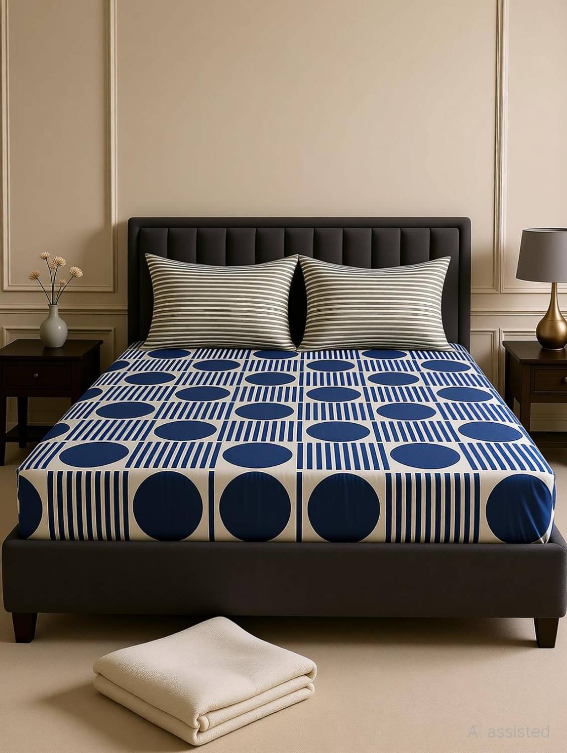 Amrange Cotton King Fitted (Elastic) 190 TC Geometric 1 Bedsheet with 2 Pillow Covers
