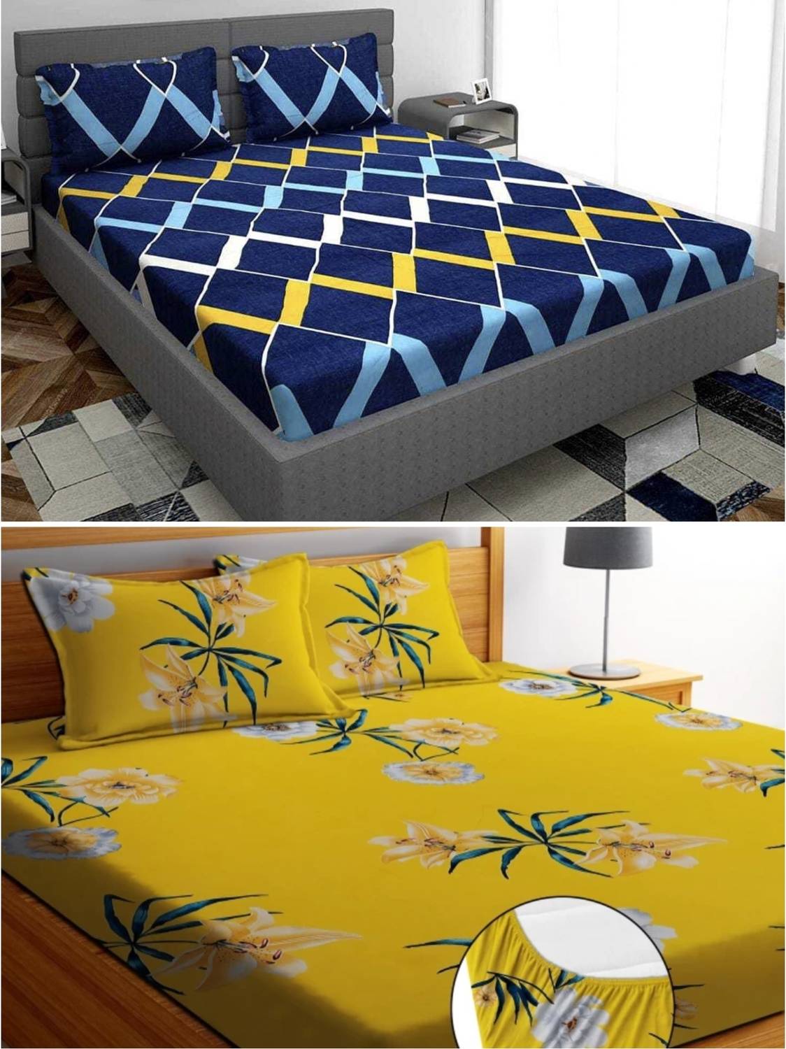 REFIZE Cotton Double Fitted (Elastic) 240 TC Floral 2 Bedsheets w