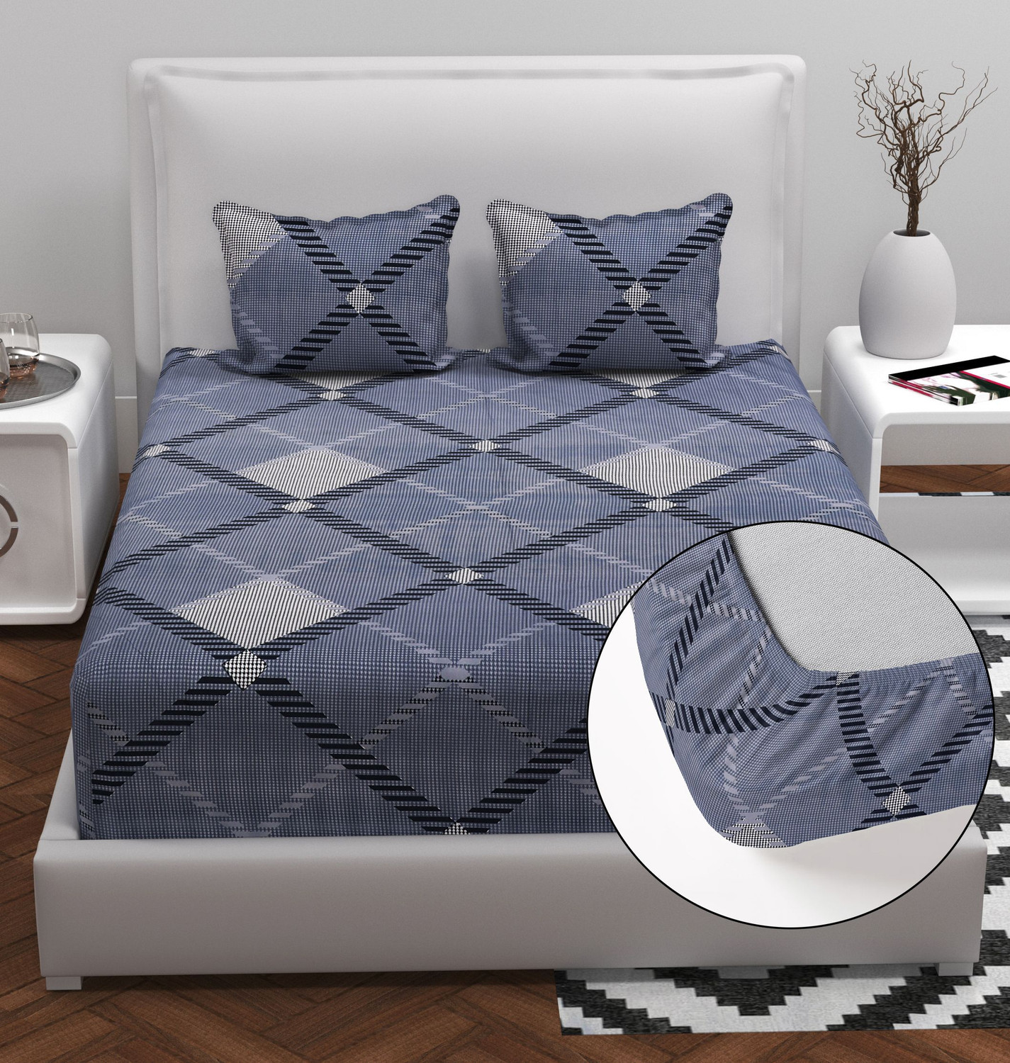 Image of EXFAB Cotton Super King Fitted (Elastic) 300 TC Printed 1 Bedsheet with 2 Pillow Covers