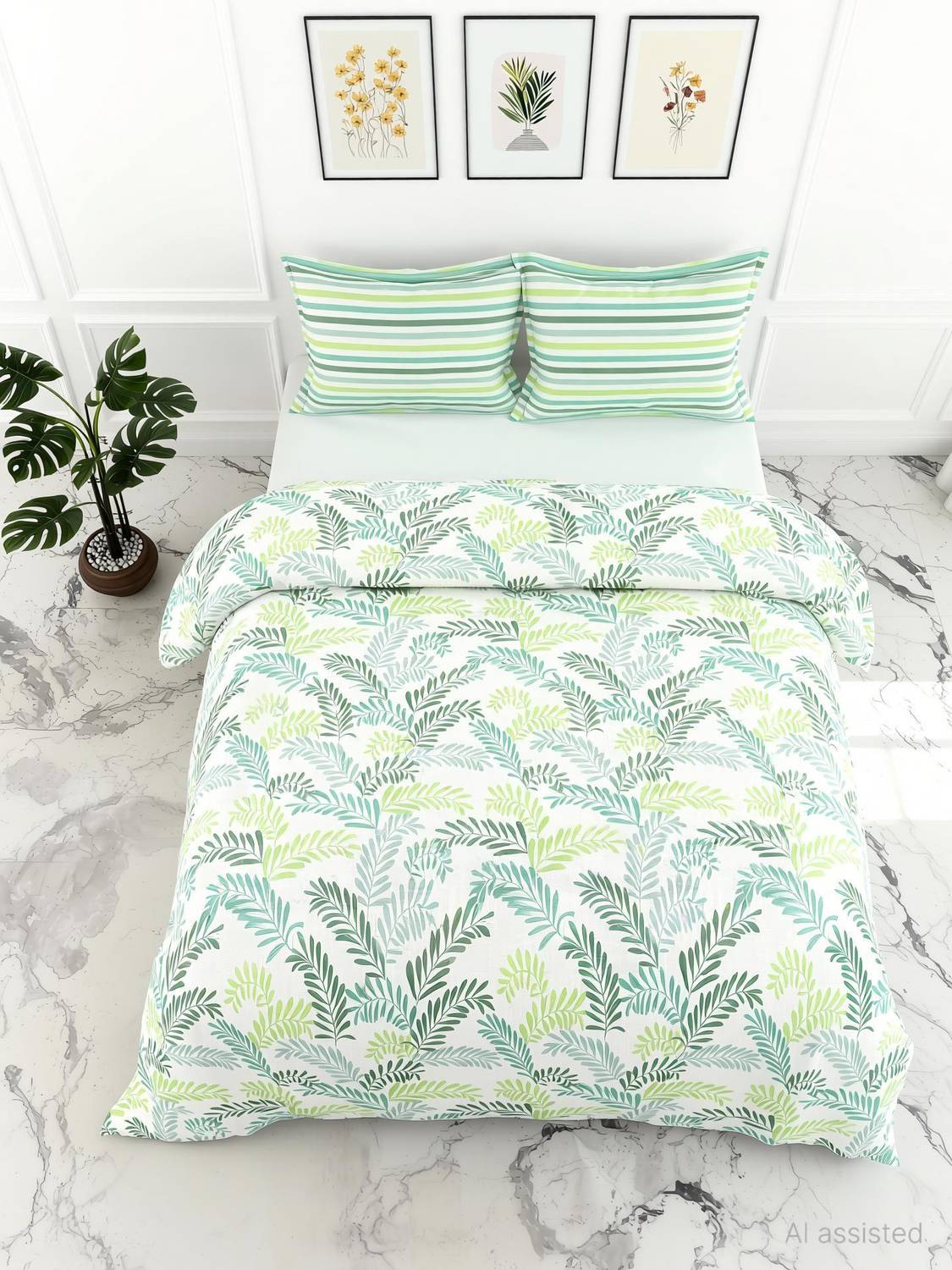 LORETO Cotton Double Flat 144 TC Floral 1 Bedsheet with 2 Pillow