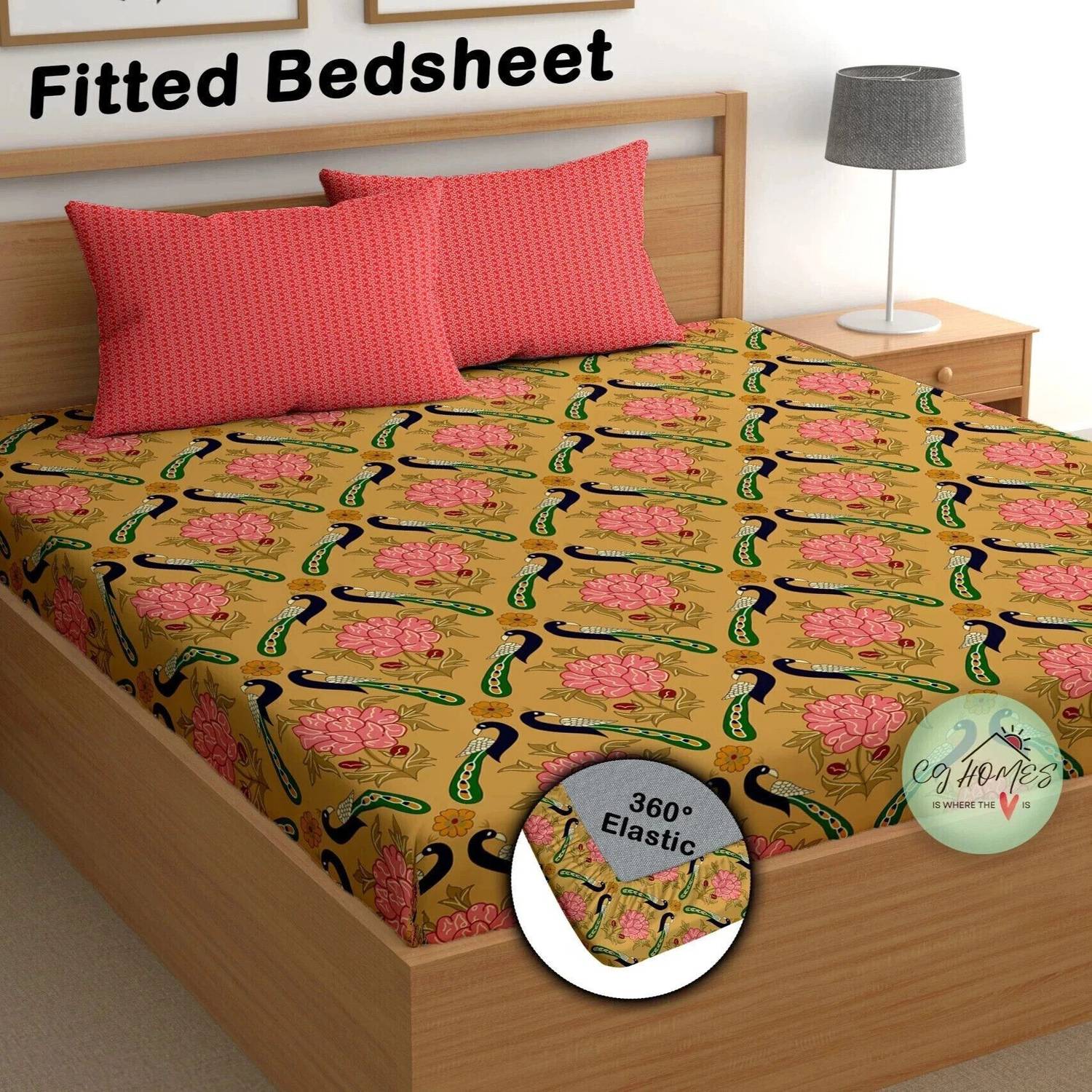 CG Homes Cotton Double Fitted (Elastic) 180 TC Printed 1 Bedsheet