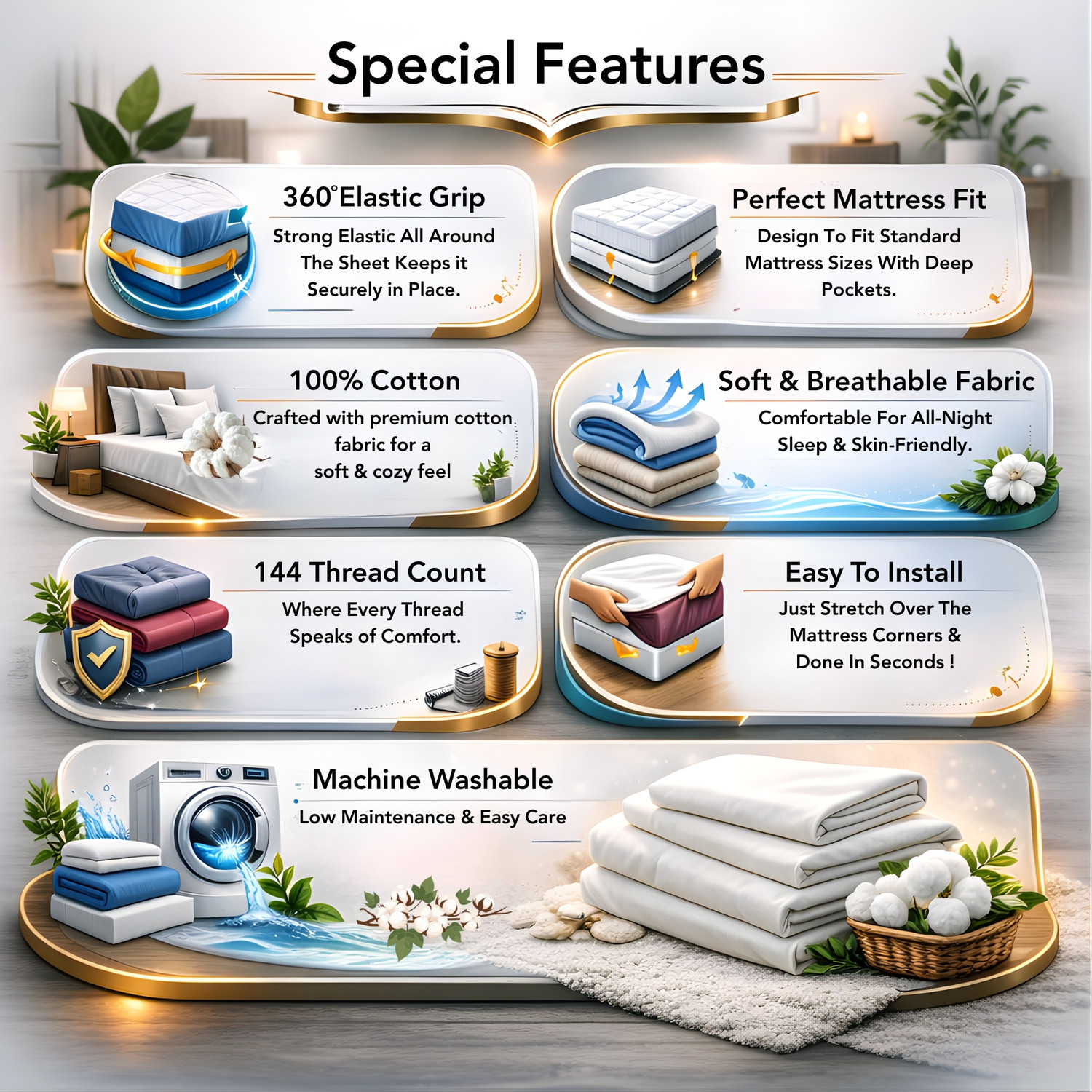 Image of Divine Casa Cotton Double Fitted (Elastic) 144 TC Floral 1 AC Bedsheet with 2 Pillow Covers