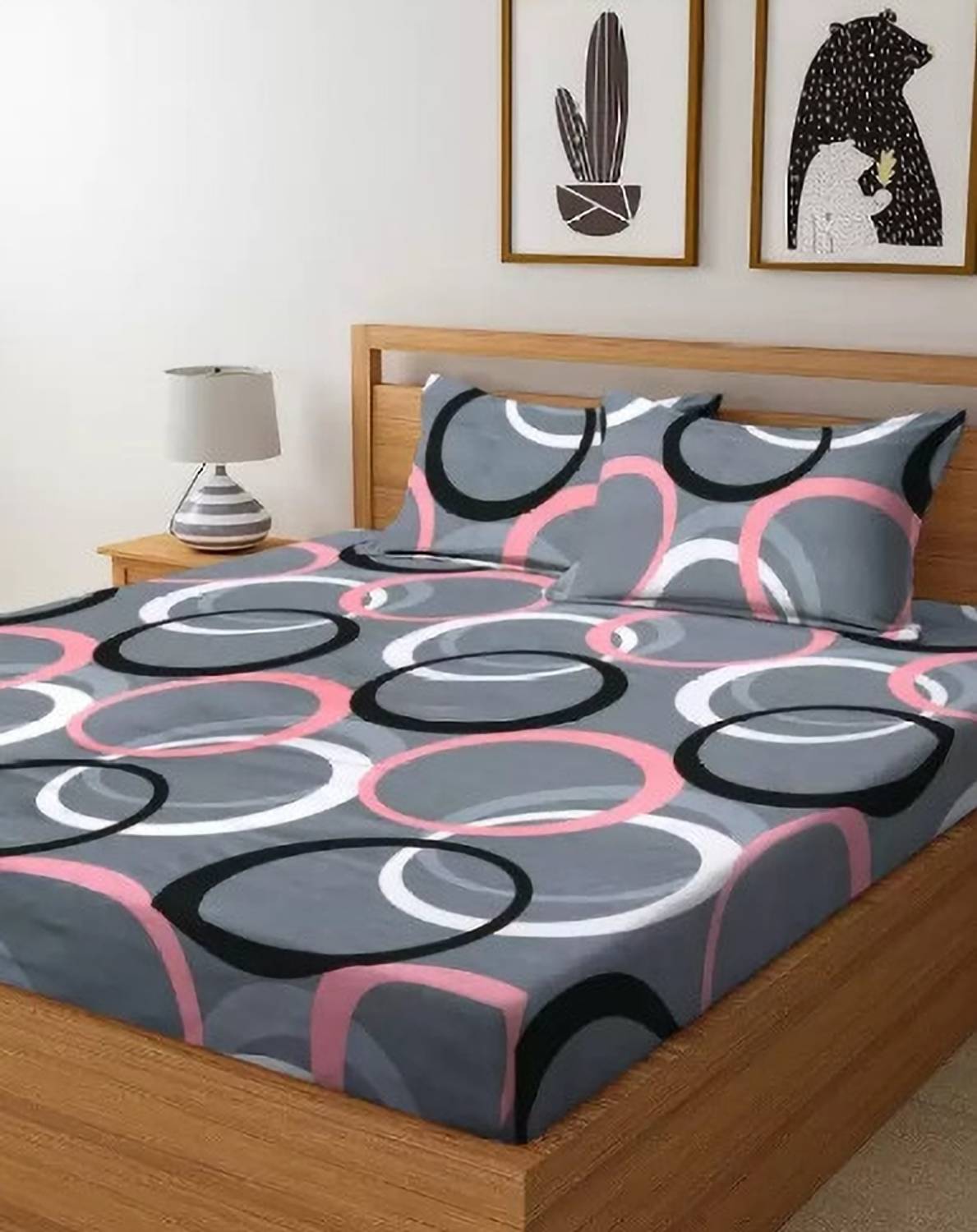 NCS Cotton King Flat 300 TC Geometric 1 Bedsheet with 2 Pillow Co