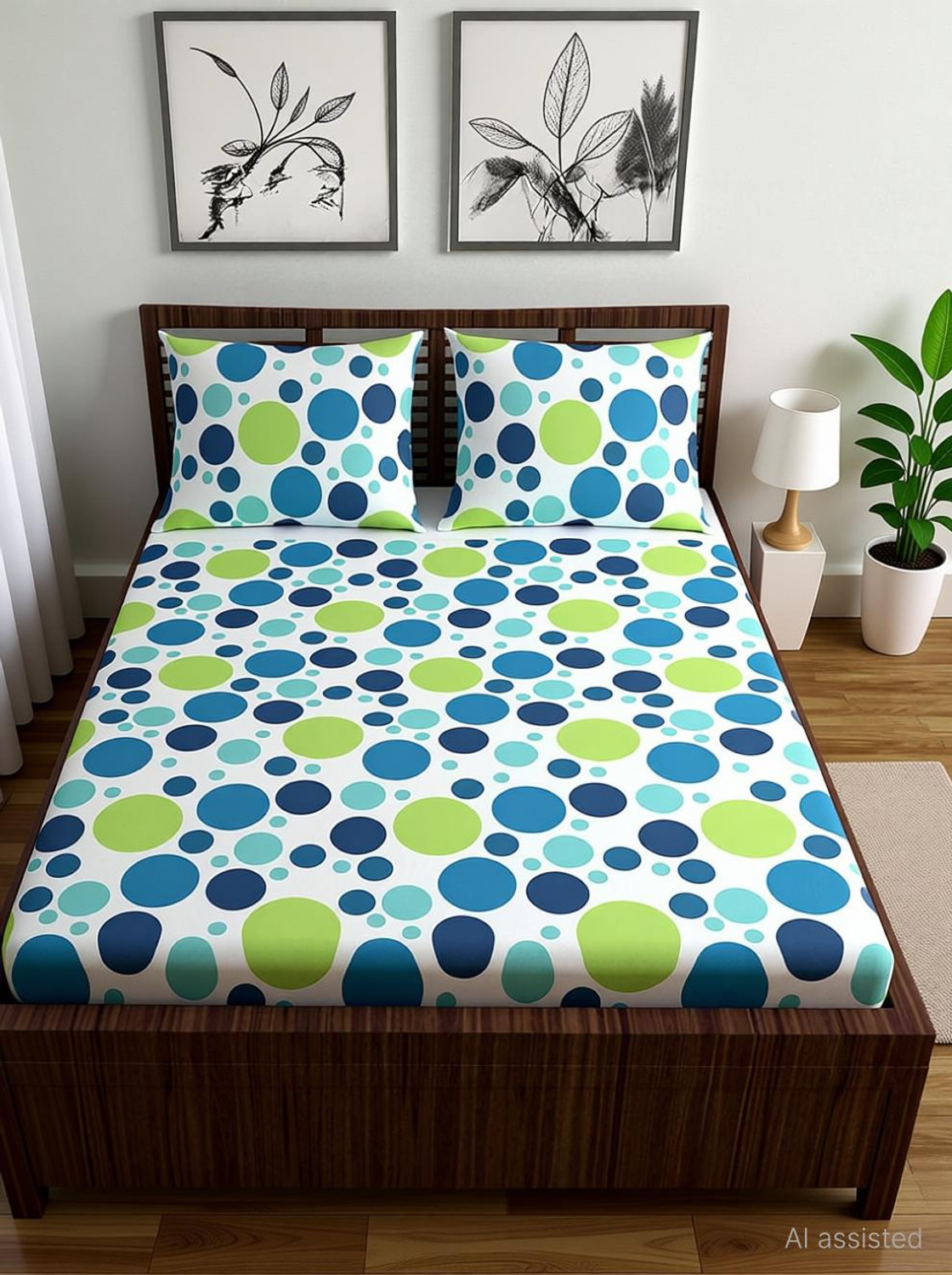 Image of Divine Casa Cotton Double Fitted (Elastic) 144 TC Floral 1 Bedsheet with 2 Pillow Covers