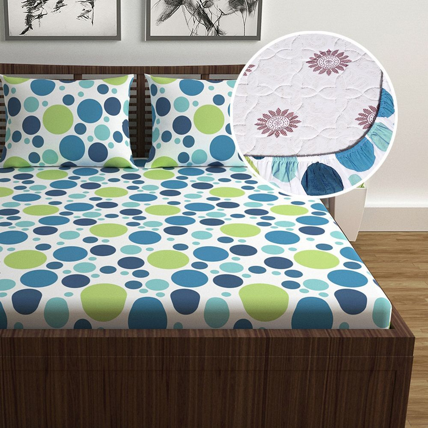 Image of Divine Casa Cotton Double Fitted (Elastic) 144 TC Floral 1 Bedsheet with 2 Pillow Covers