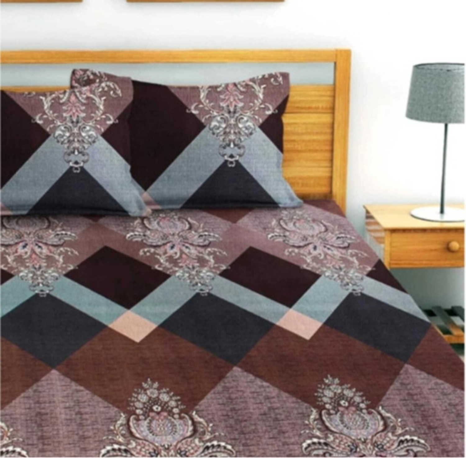 Image of Bedsheat hub Cotton Double Fitted (Elastic) 320 TC Printed 1 Summer Bedsheet with 2 Pillow Covers