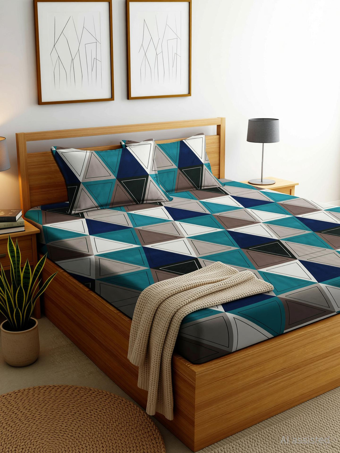 Image of PLANO Cotton Double, King Fitted (Elastic) 250 TC Geometric 1 Bedsheet with 2 Pillow Covers