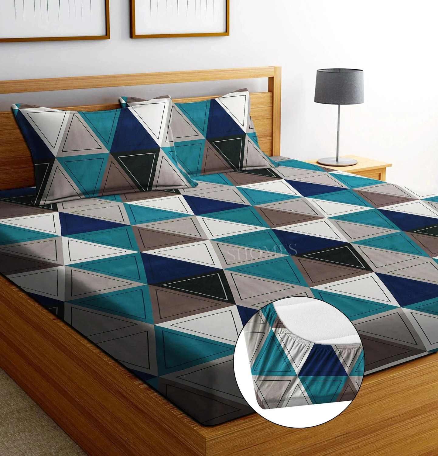 Image of PLANO Cotton Double, King Fitted (Elastic) 250 TC Geometric 1 Bedsheet with 2 Pillow Covers