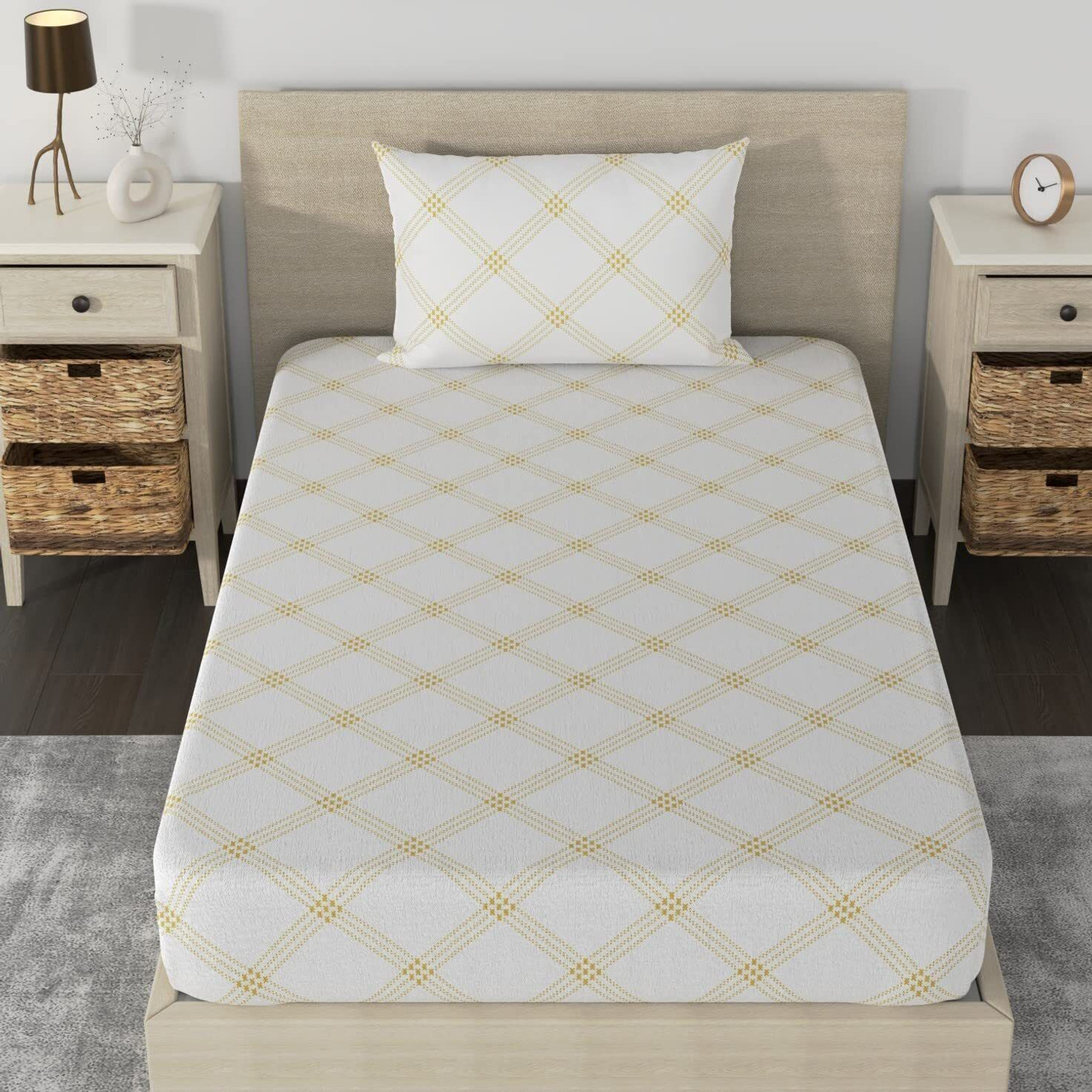 Image of Huesland Cotton Single Fitted (Elastic) 210 TC Geometric 1 Bedsheet with 2 Pillow Covers