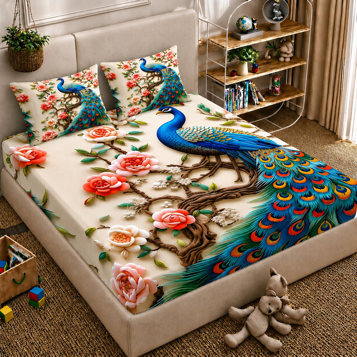 Image of Ditya Cotton Double, King, Queen Flat 410 TC 3D Printed 1 Summer Bedsheet with 2 Pillow Covers (Multicolor)