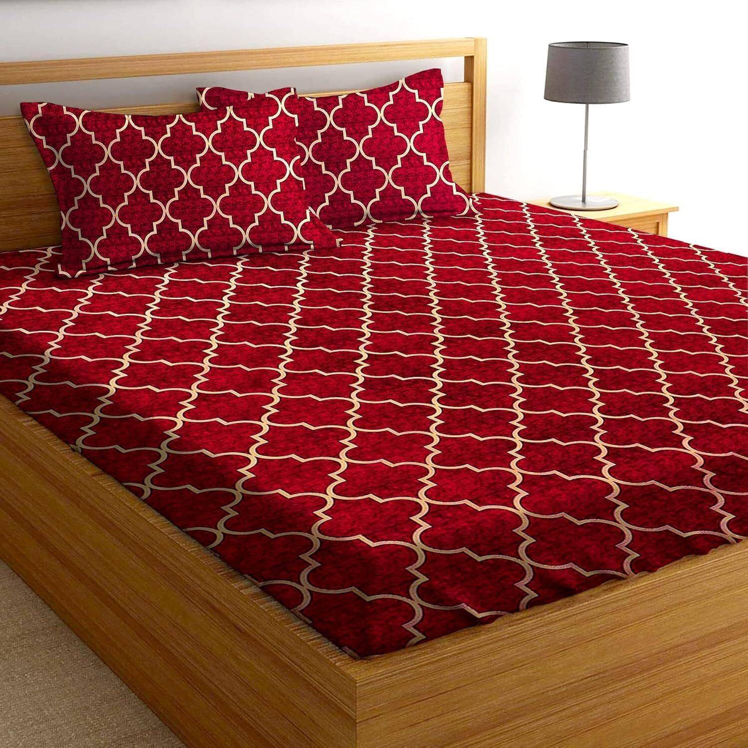 ANTICCA INDIA Cotton Blend Double Fitted (Elastic) 240 TC Geometric 1 Bedsheet with 2 Pillow Covers