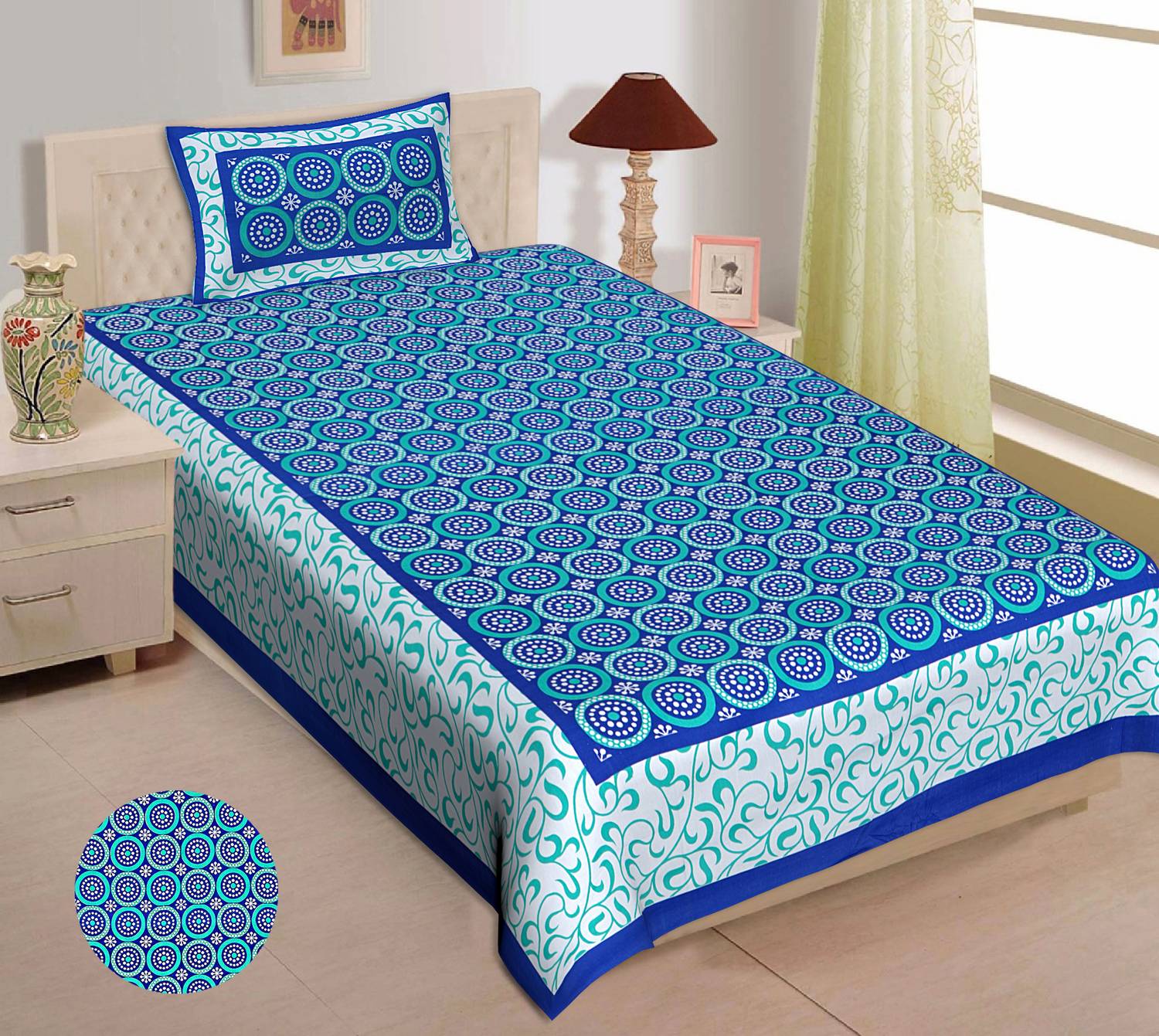 Monik Handicrafts Cotton Single Flat 144 TC Polka 1 Bedsheet with 2 Pillow Covers