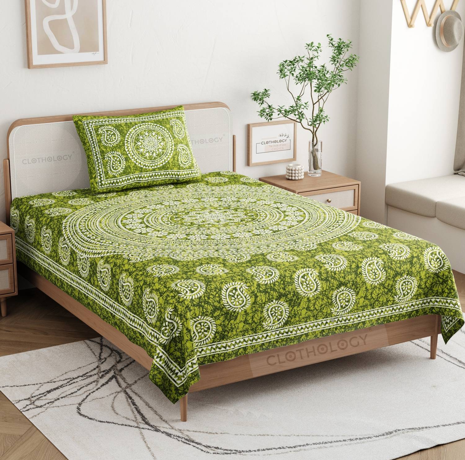 CLOTHOLOGY Cotton Single Flat 144 TC Jaipuri Prints 1 Bedsheet (O