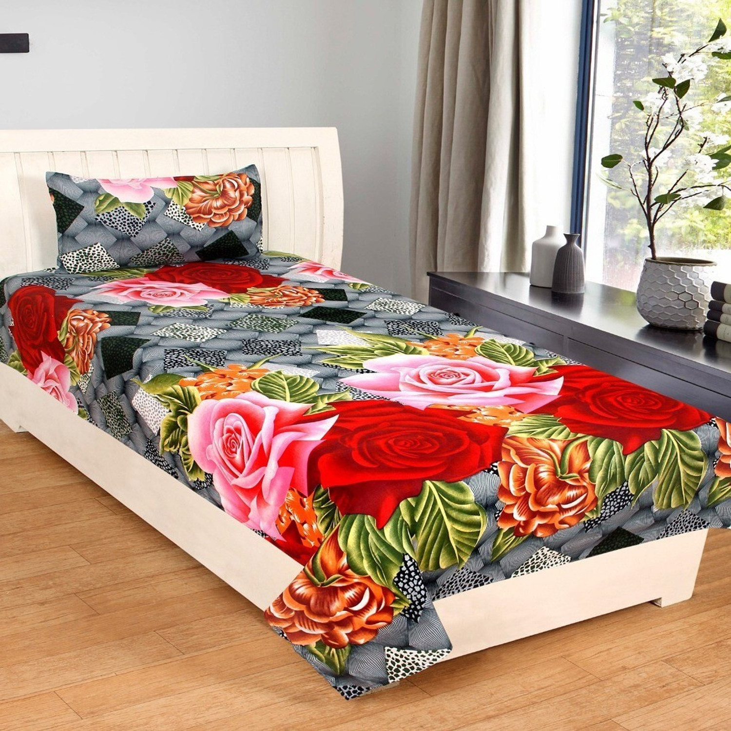Image of JEBY Cotton Single Flat 100 TC Printed 1 Bedsheet with 2 Pillow Covers