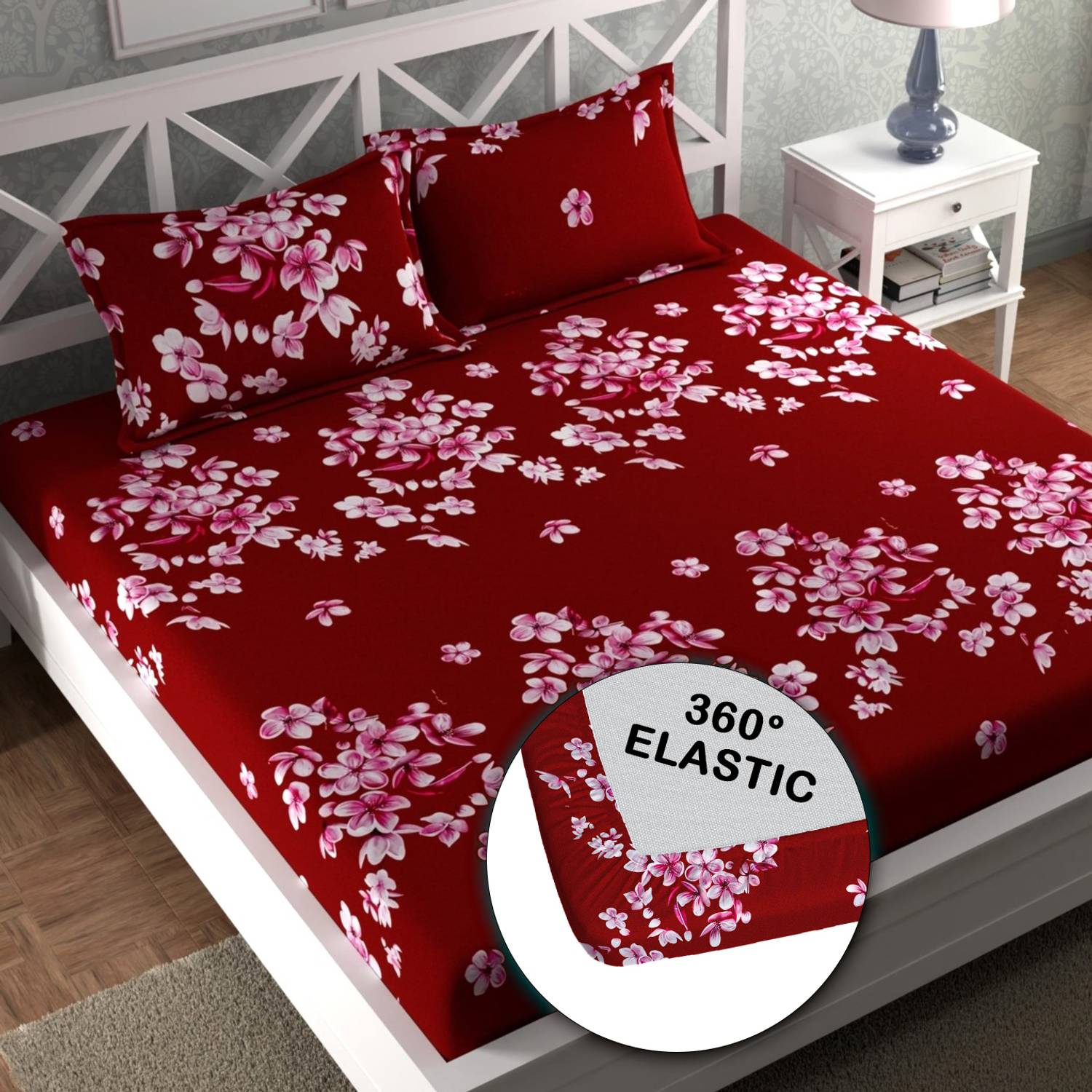 CG Homes Cotton Double Fitted (Elastic) 180 TC Printed 1 Bedsheet