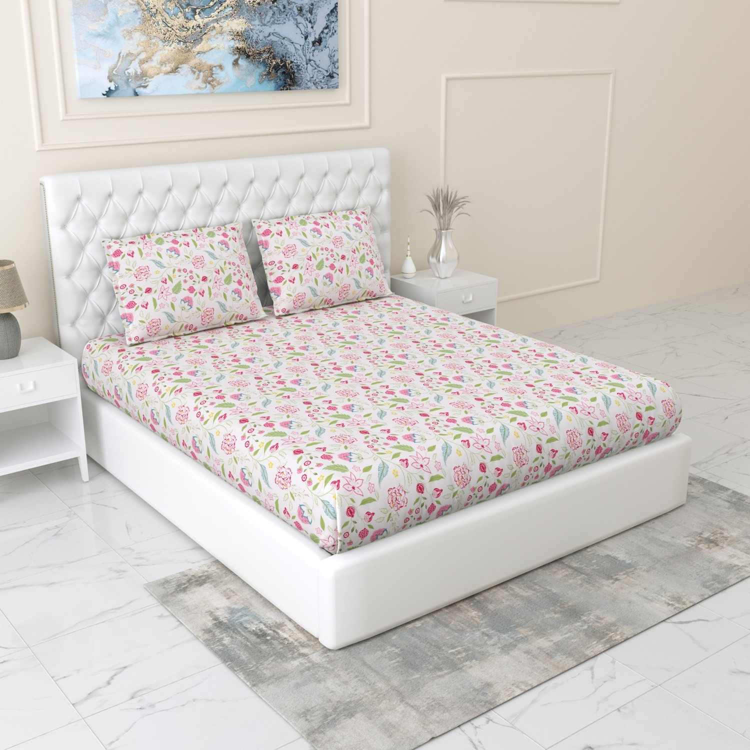 Image of haus & kinder Cotton King Fitted (Elastic) 186 TC Printed 1 Bedsheet with 2 Pillow Covers