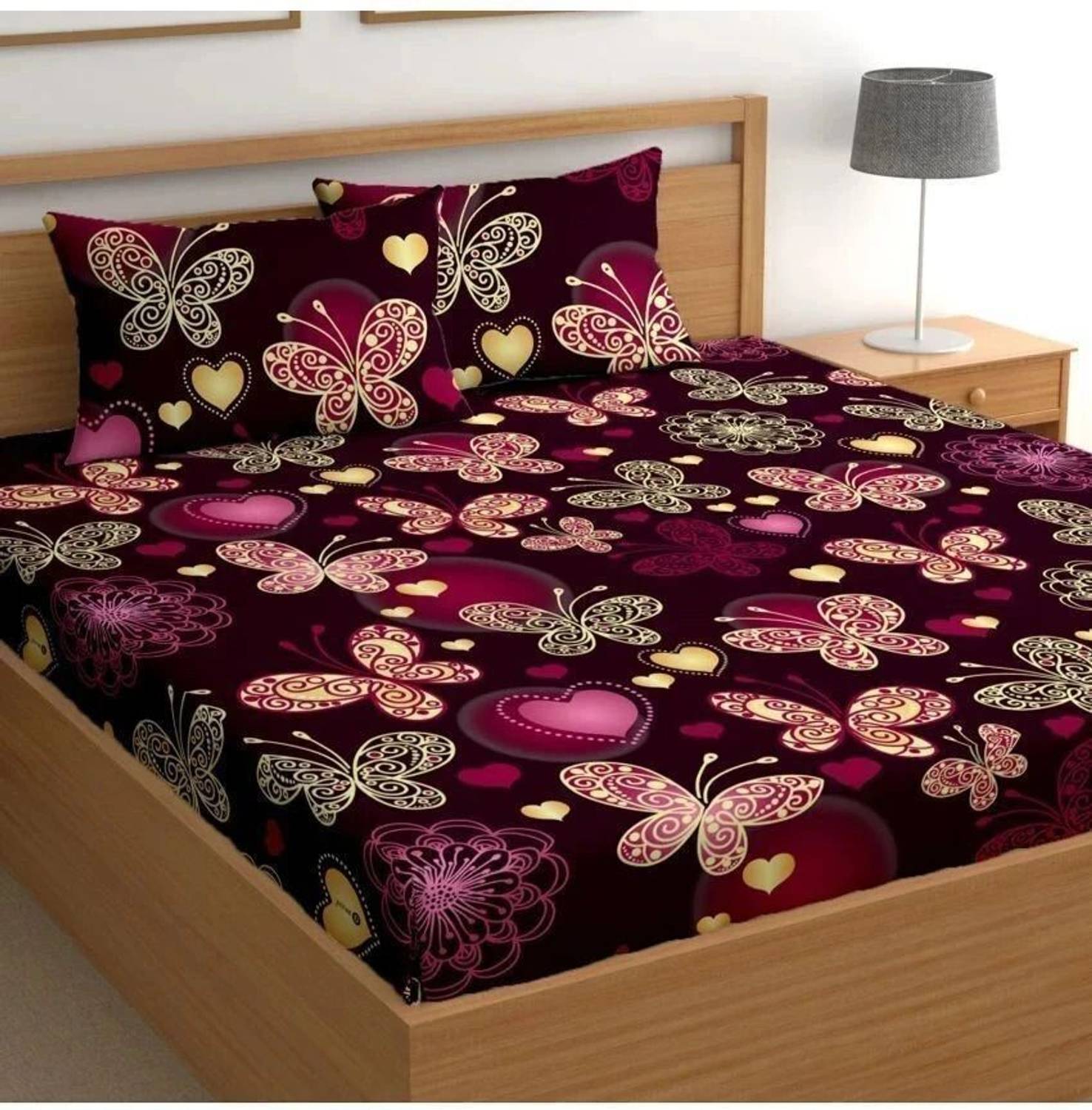 adhb Cotton Double Fitted (Elastic) 170 TC Floral 1 Bedsheet with 2 Pillow Covers
