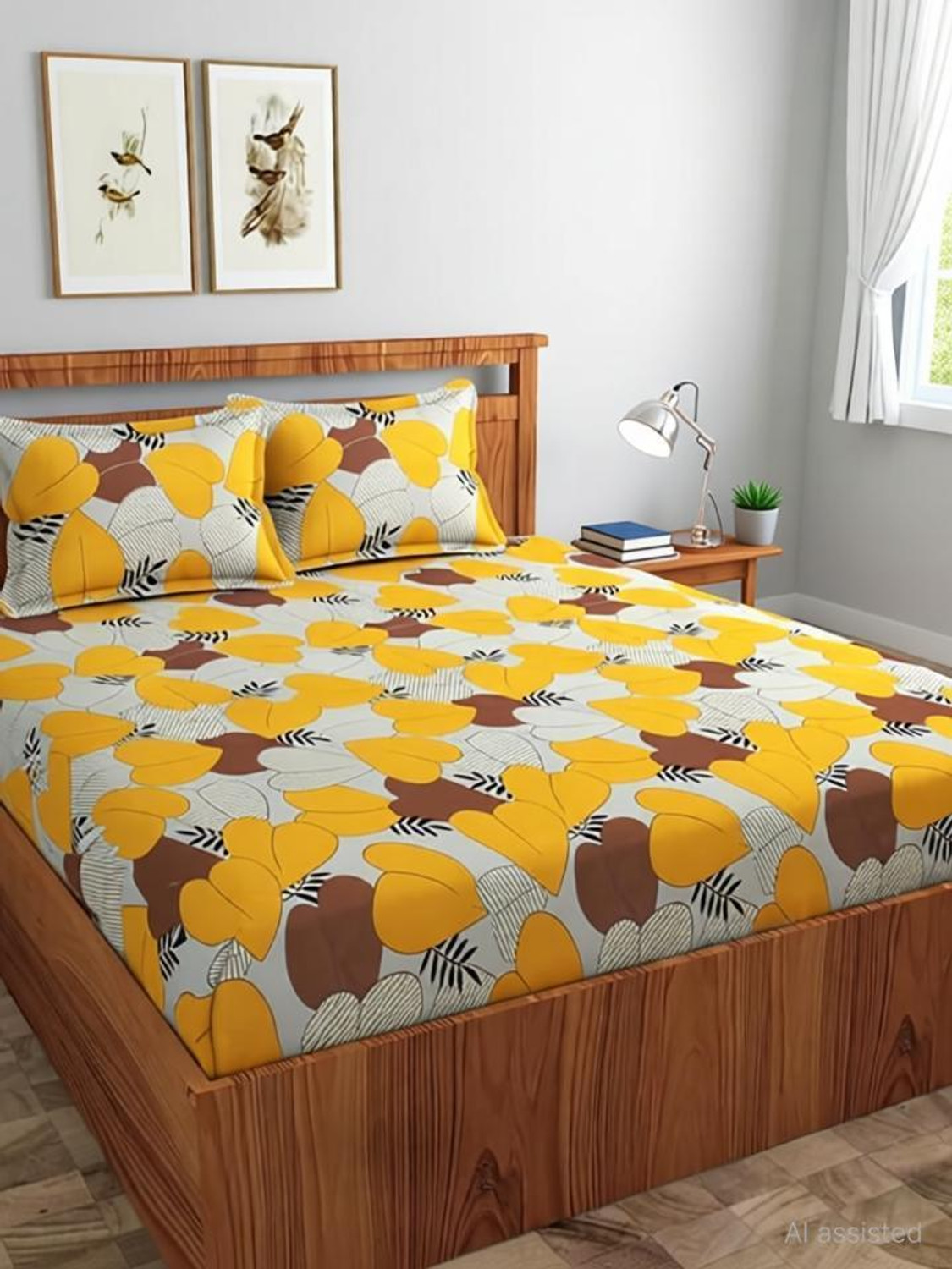 Image of Ethe Home Cotton Double Fitted (Elastic) 280 TC Printed 1 Bedsheet with 2 Pillow Covers
