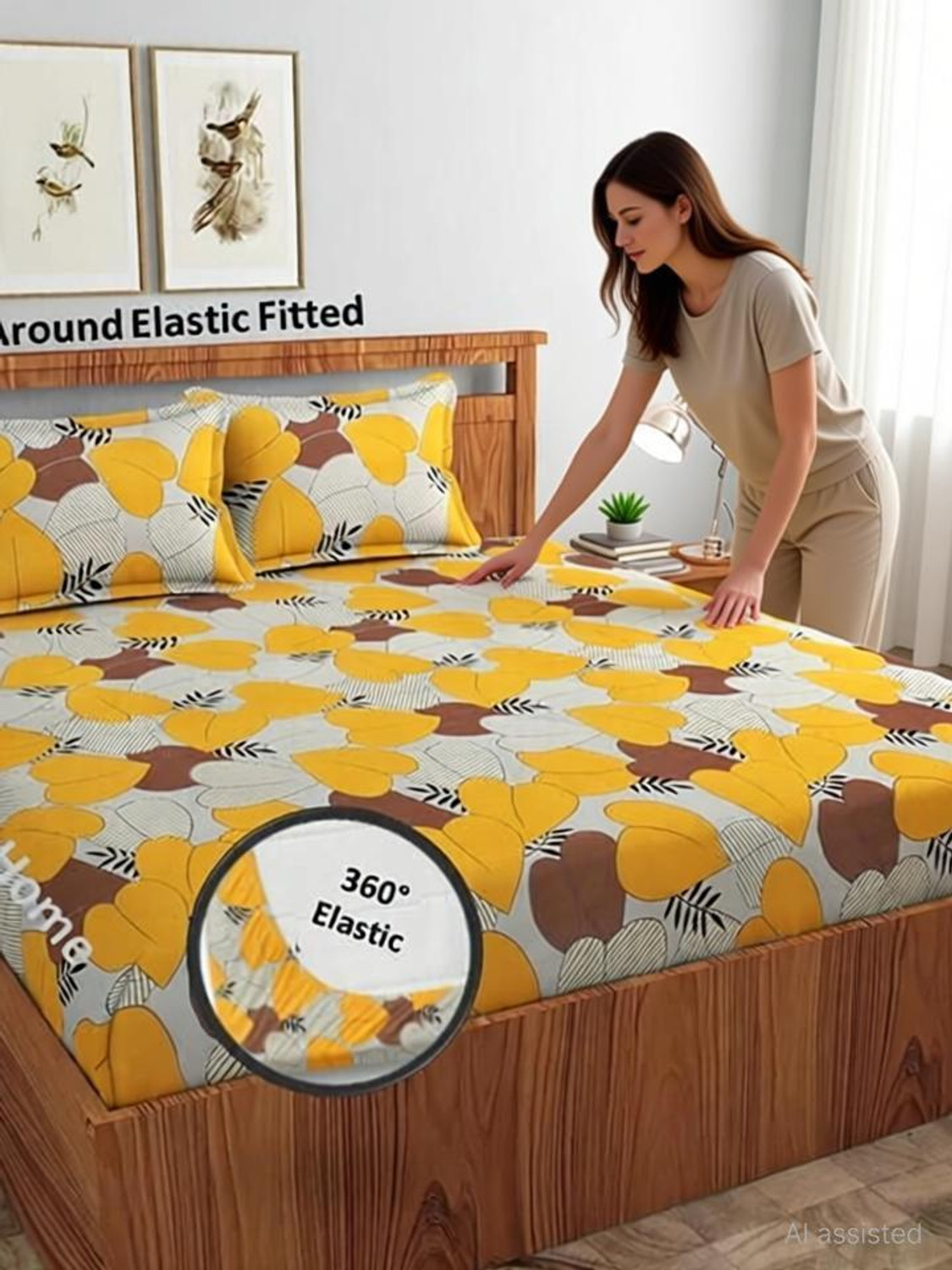 Image of Ethe Home Cotton Double Fitted (Elastic) 280 TC Printed 1 Bedsheet with 2 Pillow Covers