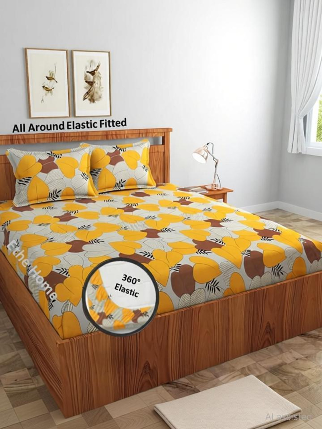 Image of Ethe Home Cotton Double Fitted (Elastic) 280 TC Printed 1 Bedsheet with 2 Pillow Covers