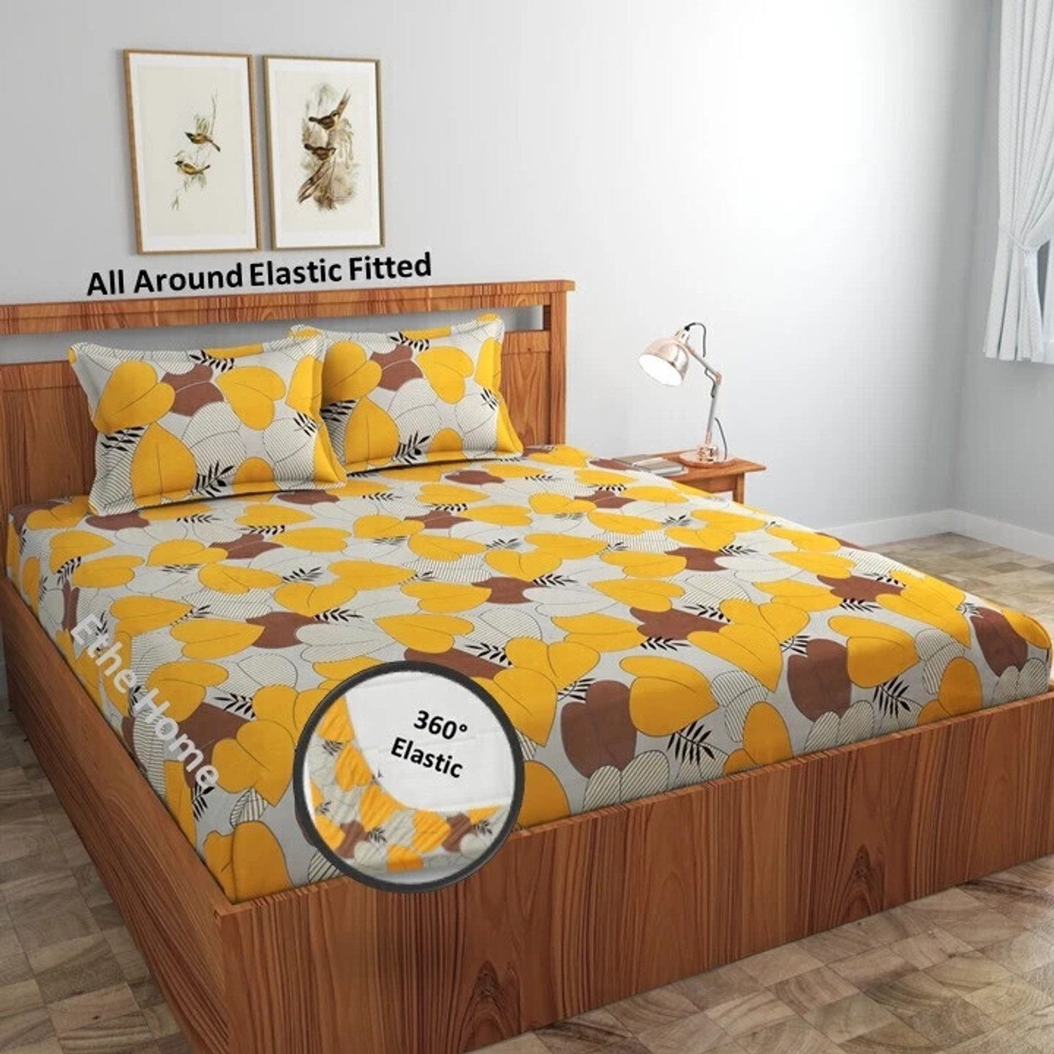 Image of Ethe Home Cotton Double Fitted (Elastic) 280 TC Printed 1 Bedsheet with 2 Pillow Covers