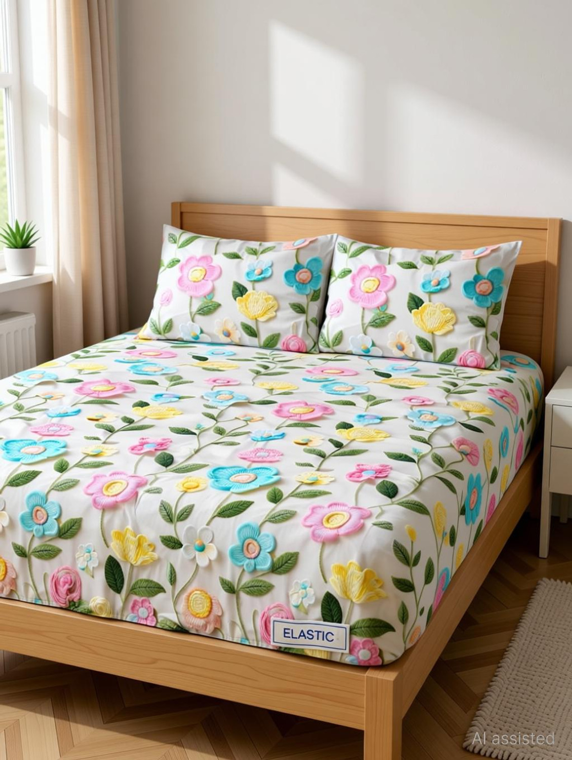 Image of Roxine Cotton King, Queen, Double Fitted (Elastic) 380 TC Self Design 1 Bedsheet with 2 Pillow Covers