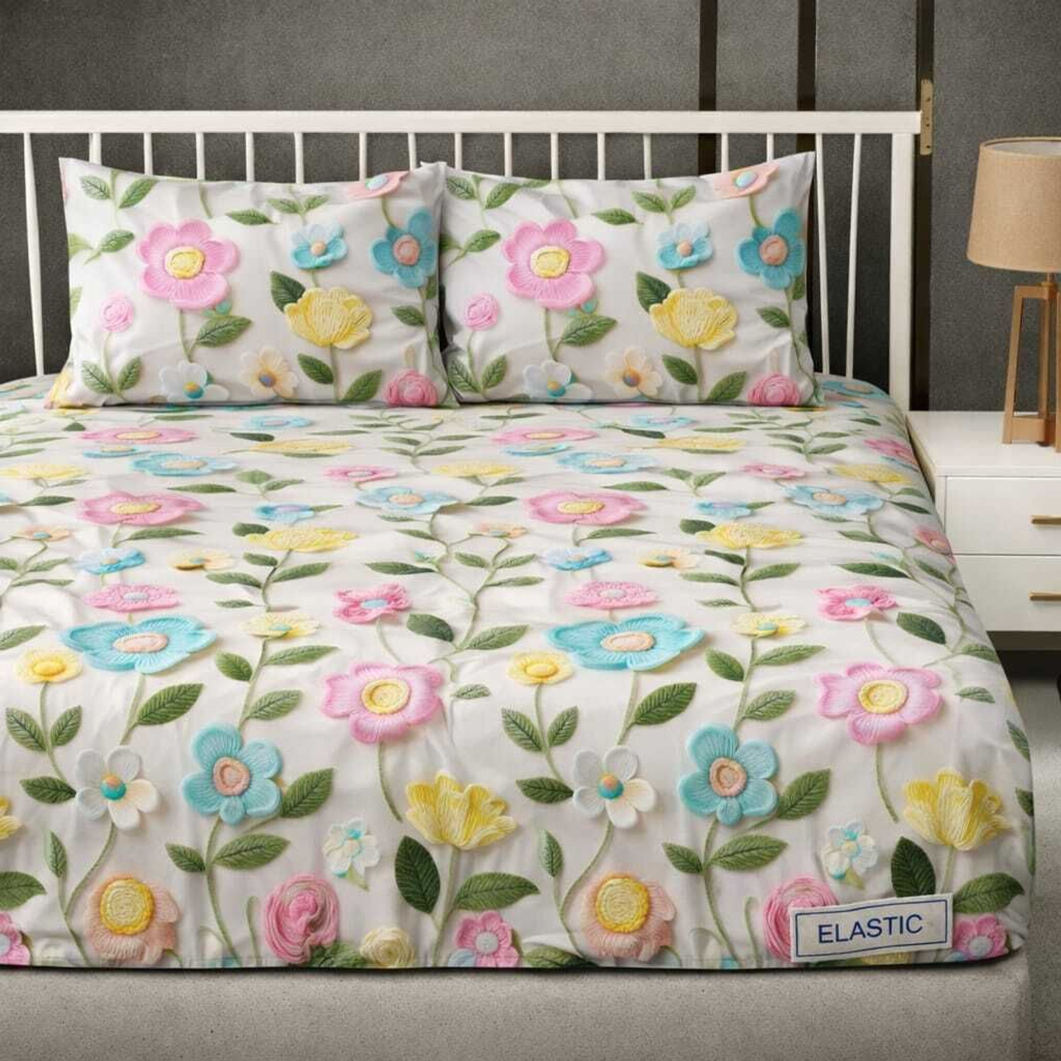 Image of Roxine Cotton King, Queen, Double Fitted (Elastic) 380 TC Self Design 1 Bedsheet with 2 Pillow Covers