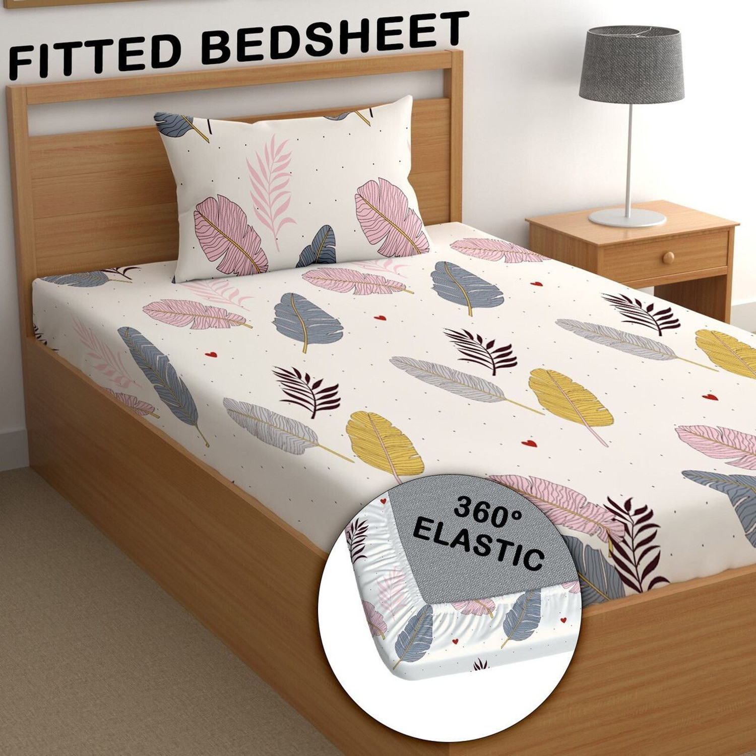 Image of Moonroof Cotton Single Fitted (Elastic) 240 TC Printed 1 Bedsheet with 2 Pillow Covers