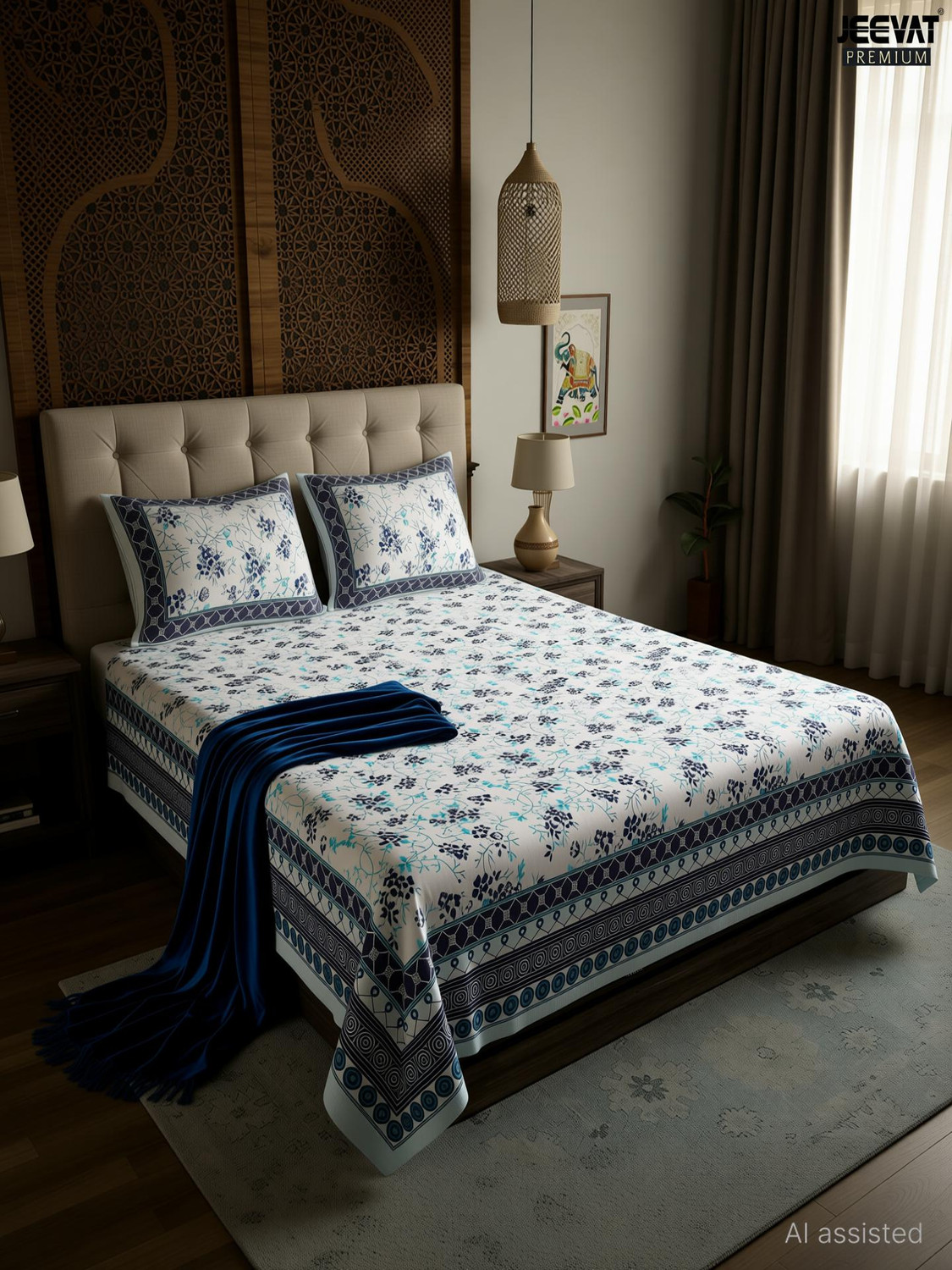 Image of Jeevat Cotton King Flat 220 TC Printed 1 Bedsheet with 2 Pillow Covers