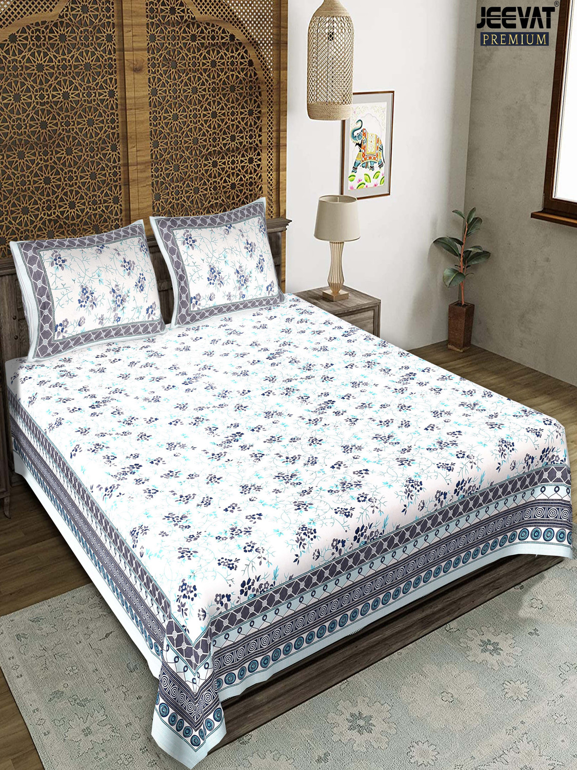 Image of Jeevat Cotton King Flat 220 TC Printed 1 Bedsheet with 2 Pillow Covers