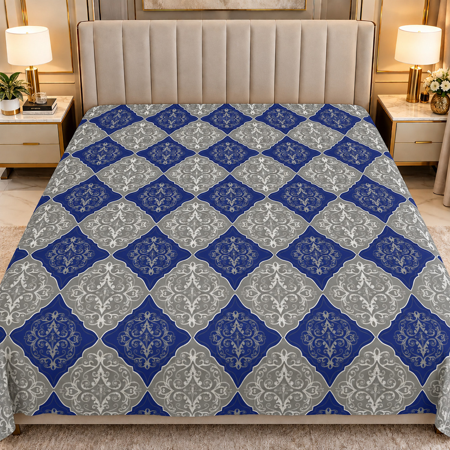 DREAM  LIVING Microfiber Double Flat 110 TC Printed 1 Bedsheet (Blue,Grey)