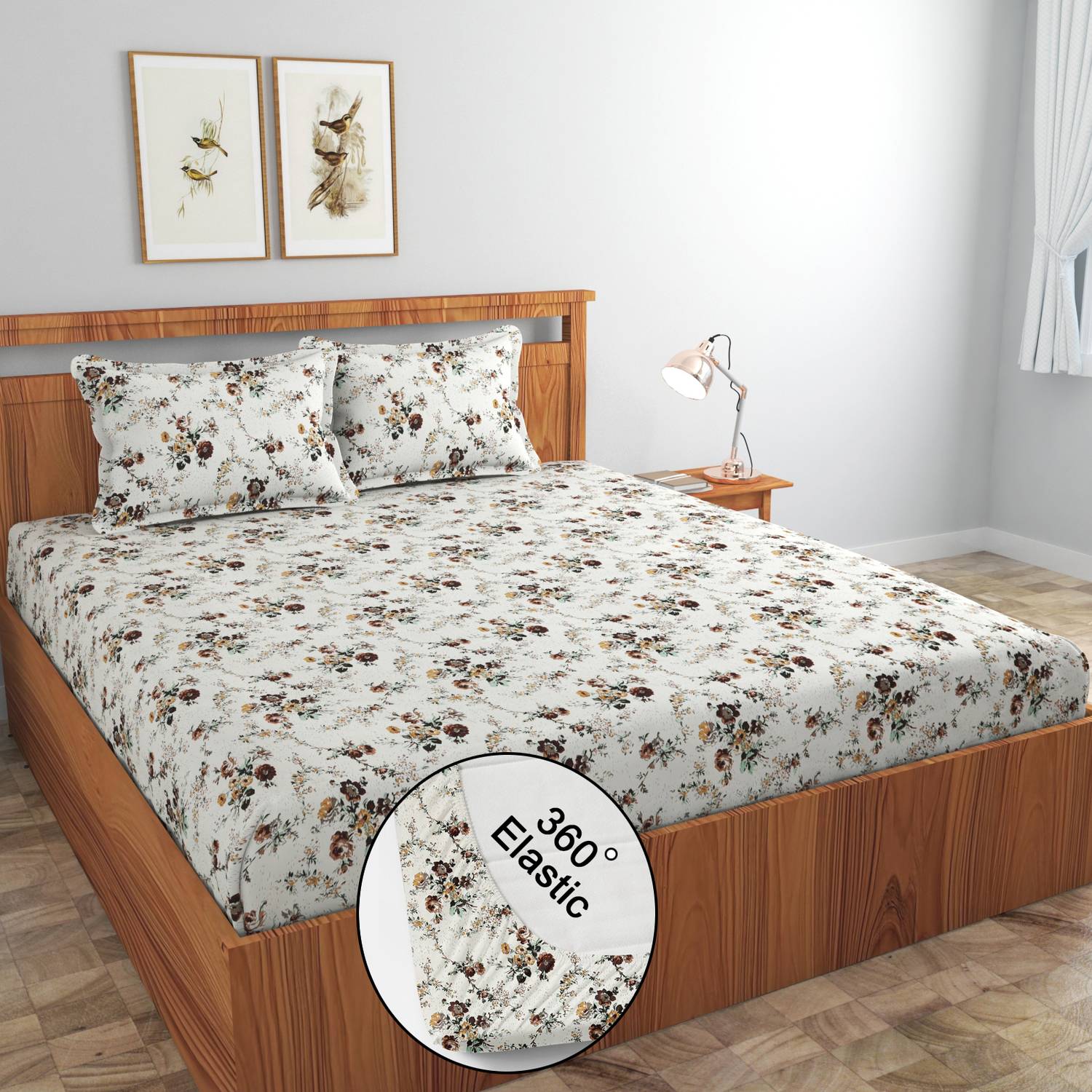 AMEYAA Cotton Double Fitted (Elastic) 320 TC Printed 1 Bedsheet w