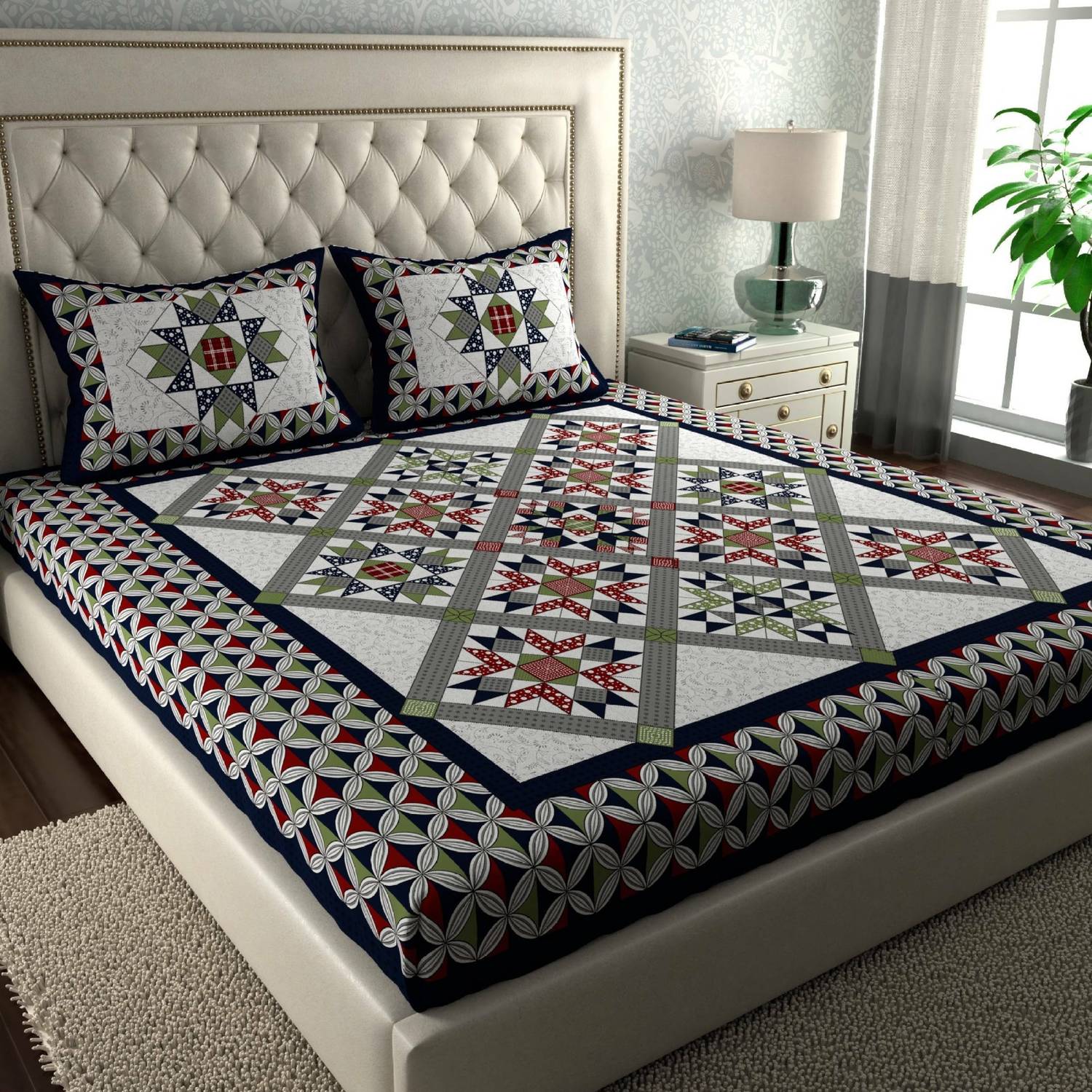 CLOTHOLOGY Cotton Double Flat 144 TC Jaipuri Prints 1 Bedsheet wi