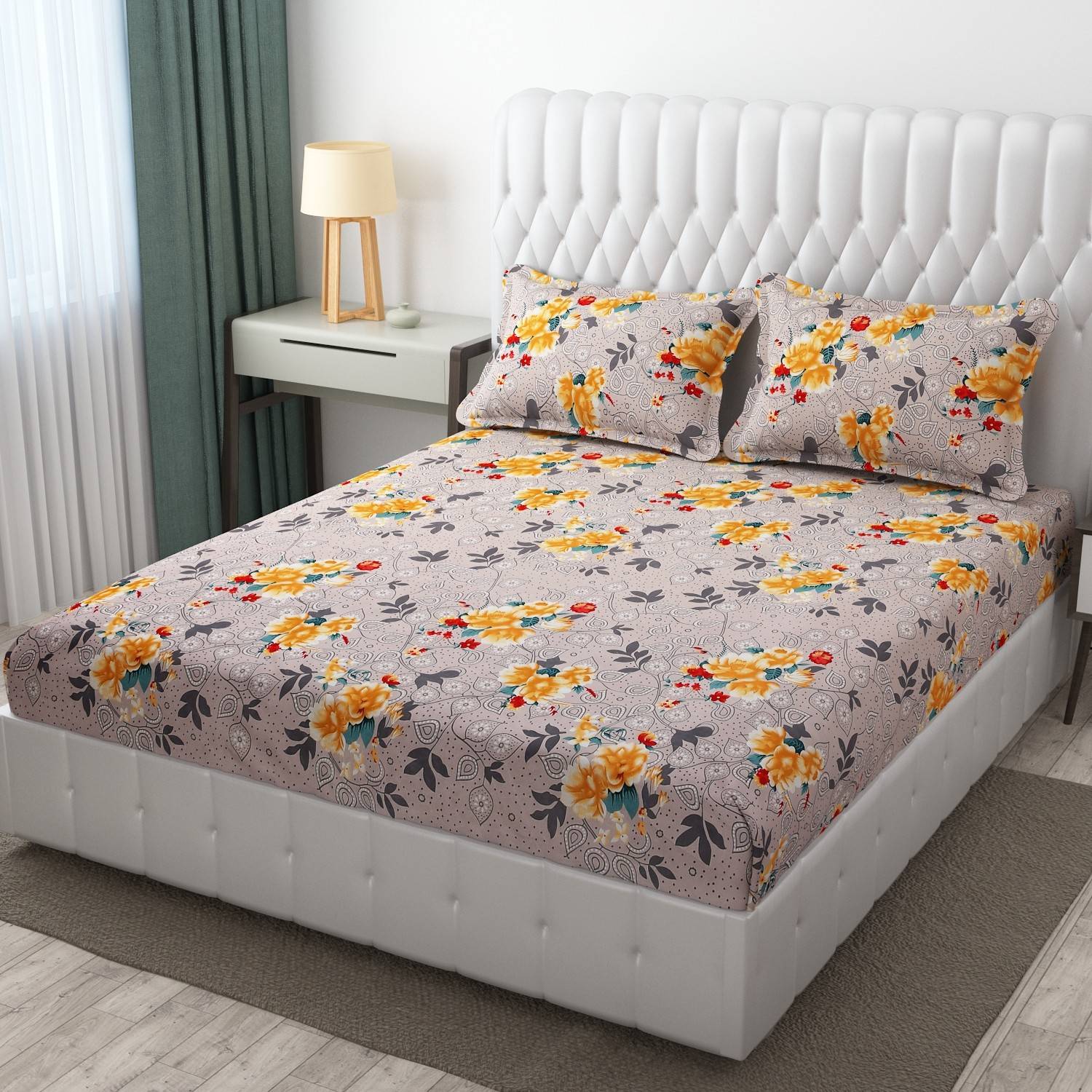 BROMWICK Microfiber Double Flat 300 TC Floral 1 Bedsheet with 2 P