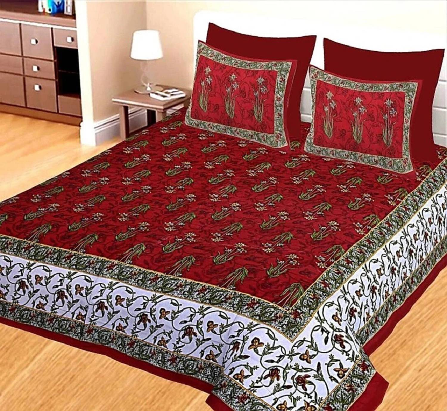 Cosito Cotton Double Flat 144 TC Floral 1 Bedsheet with 2 Pillow